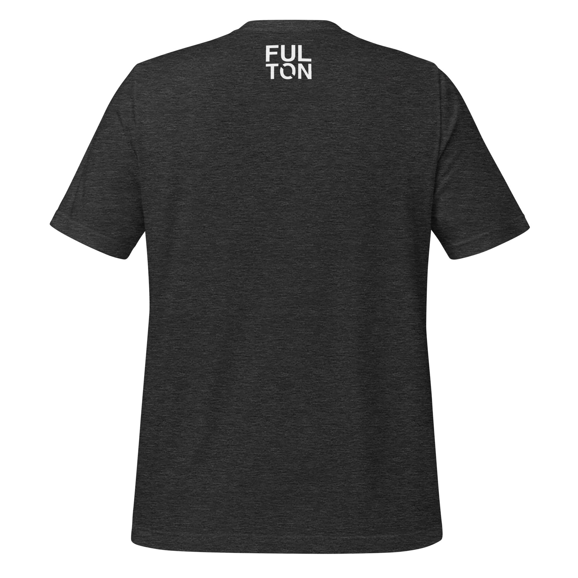 Black t-shirt with 'FULTON' text on the back against a white background