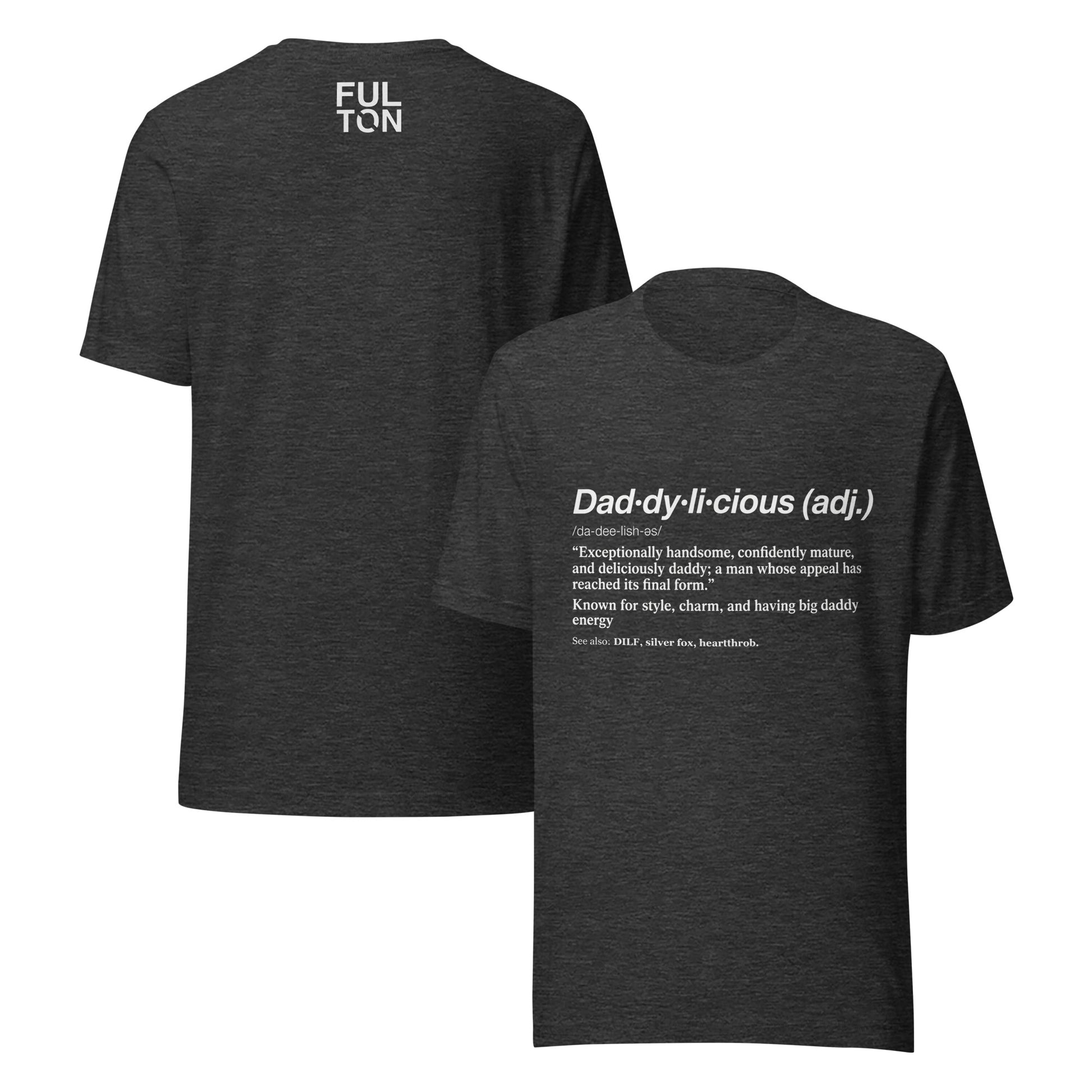 Black t-shirt with a graphic design of text on the front and text on the back, displayed on a white background.
