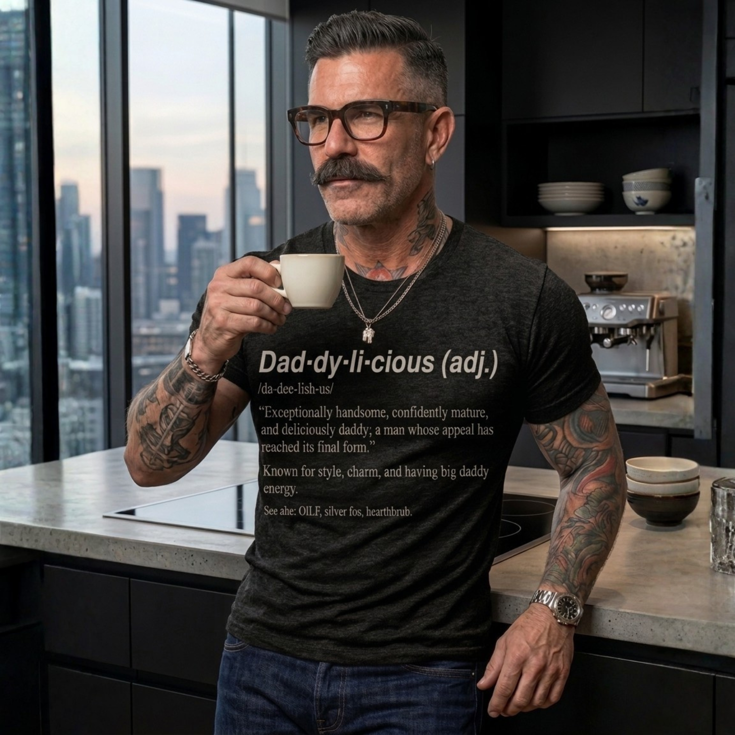 Man in a kitchen wearing a black t-shirt with a definition of 'Dad-ly-icious' while holding a mug.