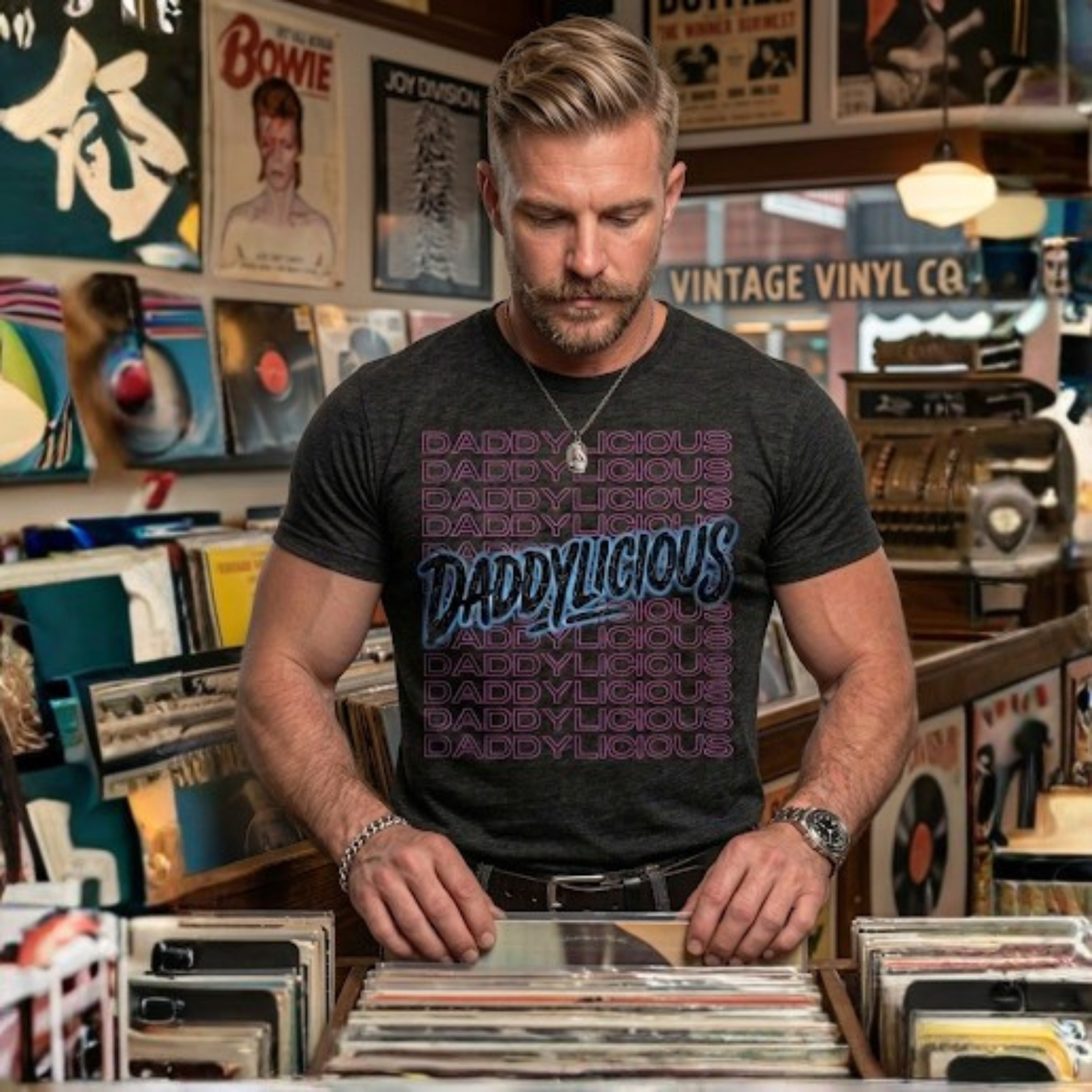 Man wearing a black t-shirt with 'Daddylicious' text in a record store.