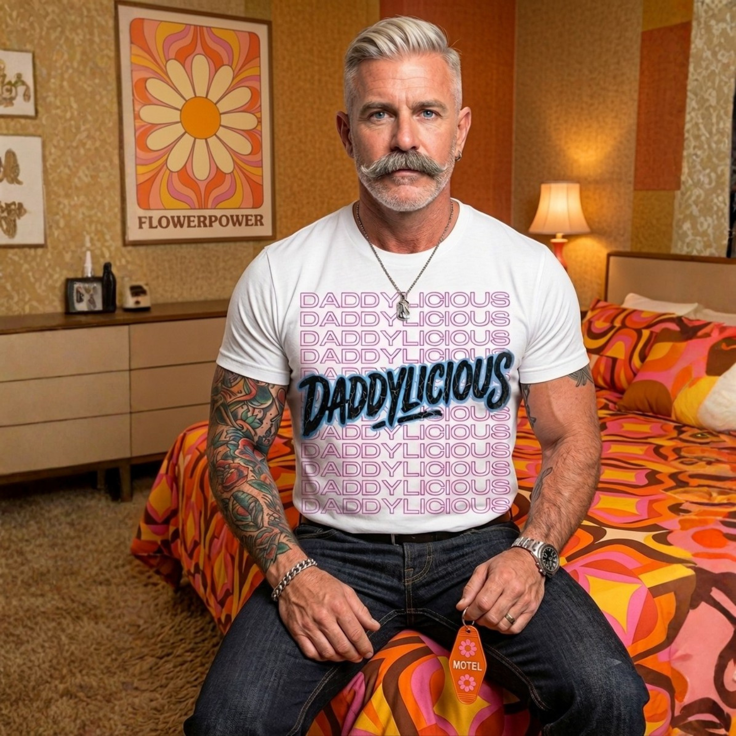 Man wearing a 'DADDYLICIOUS' t-shirt in a room with retro decor.