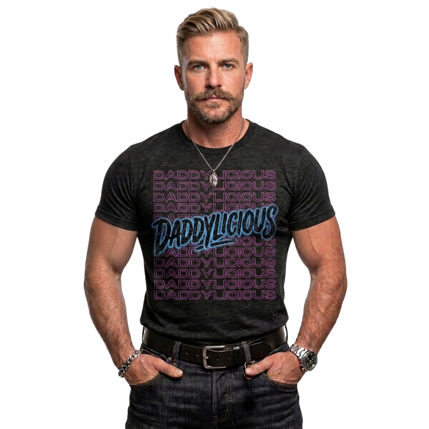 Man wearing a black t-shirt with 'DADDYLICIOUS' text design on a white background