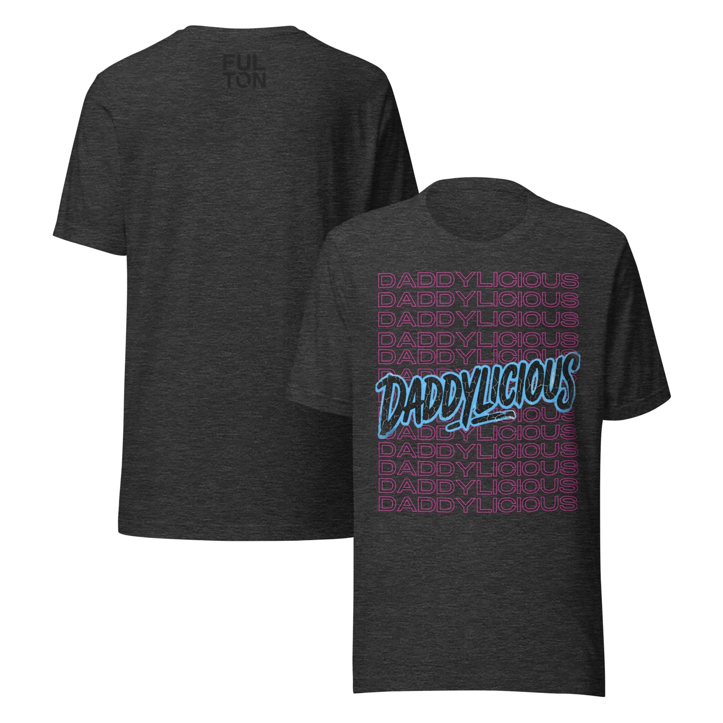 Black t-shirt with blue  and pink text on a white background