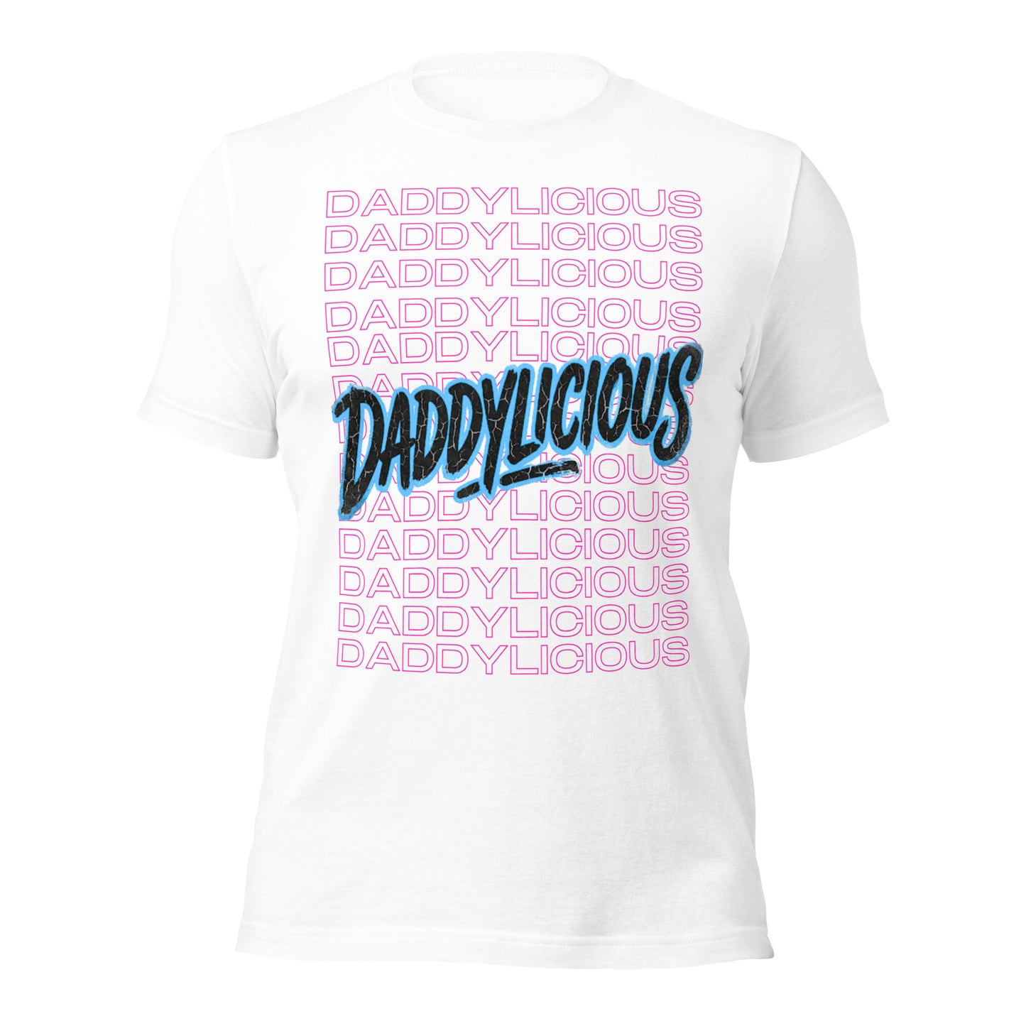 White t-shirt with 'DADDYLICIOUS' text design on a white background