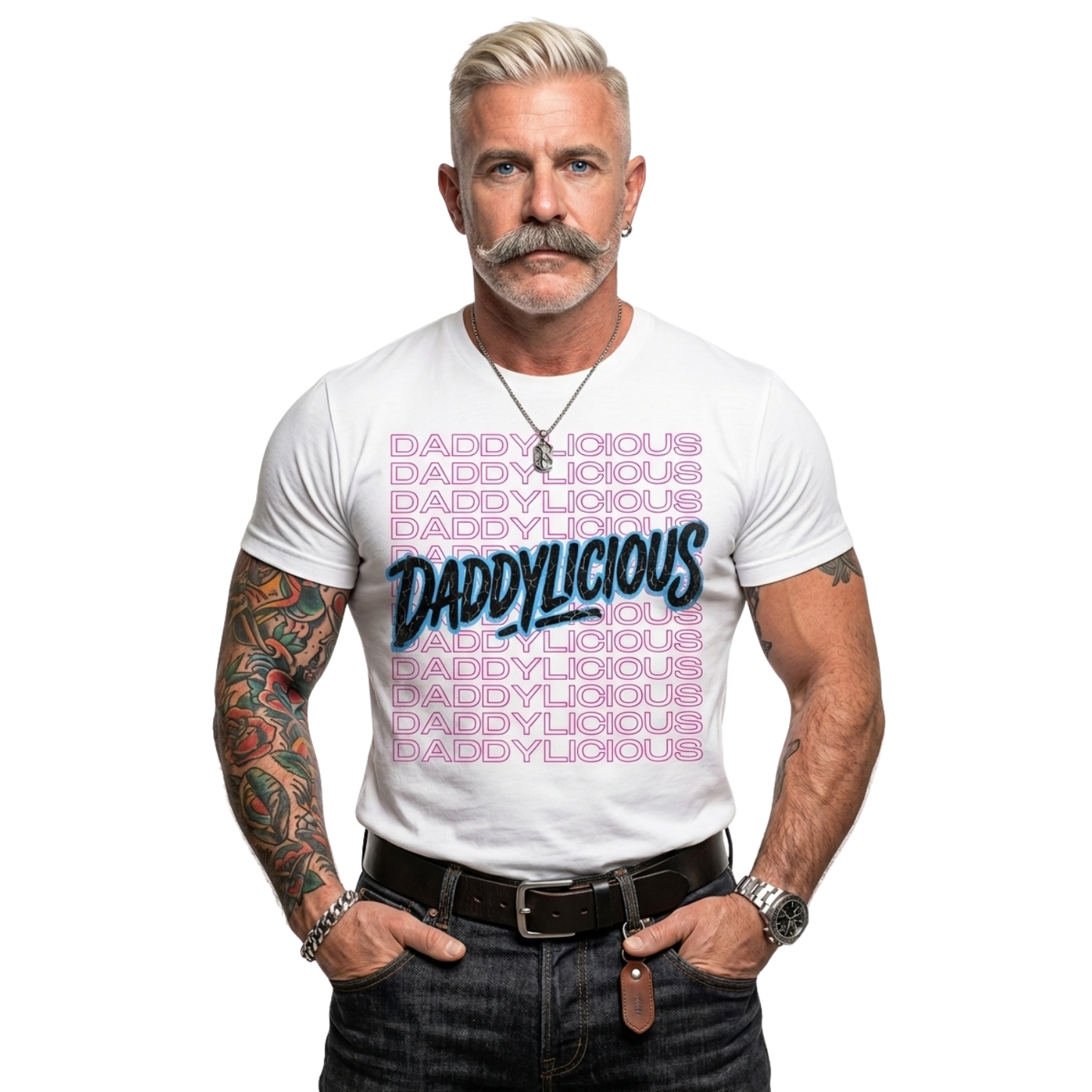 Man wearing a white t-shirt with 'DADDYLICIOUS' text design on a white background