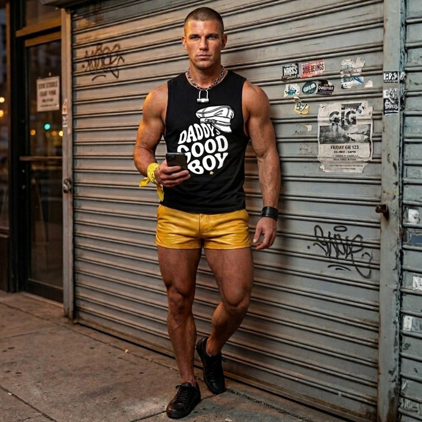 Man wearing a black tank top with 'Daddy's Good Boy' text and yellow shorts standing in front of a closed shop with graffiti.
