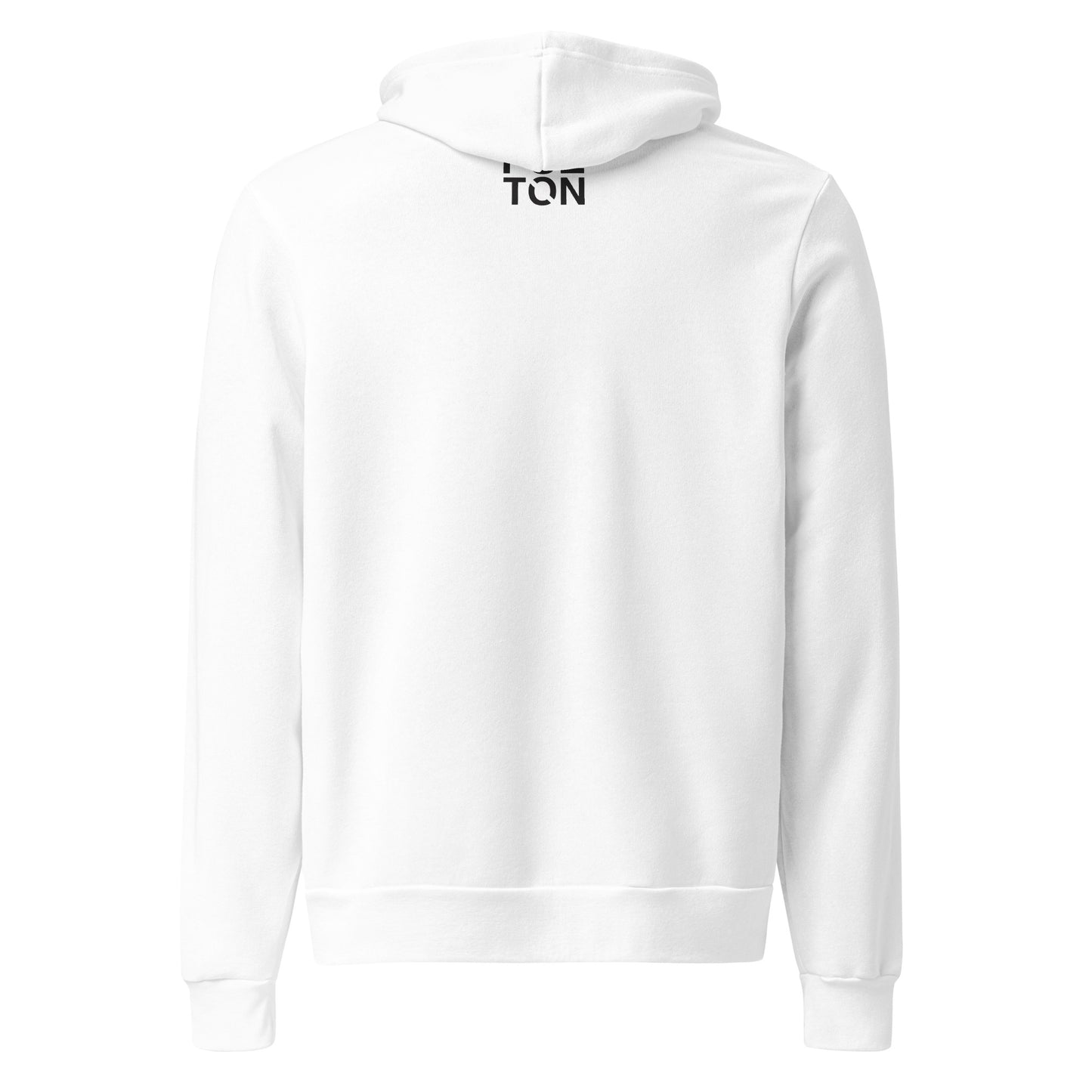 White hoodie with a brand logo on a white background