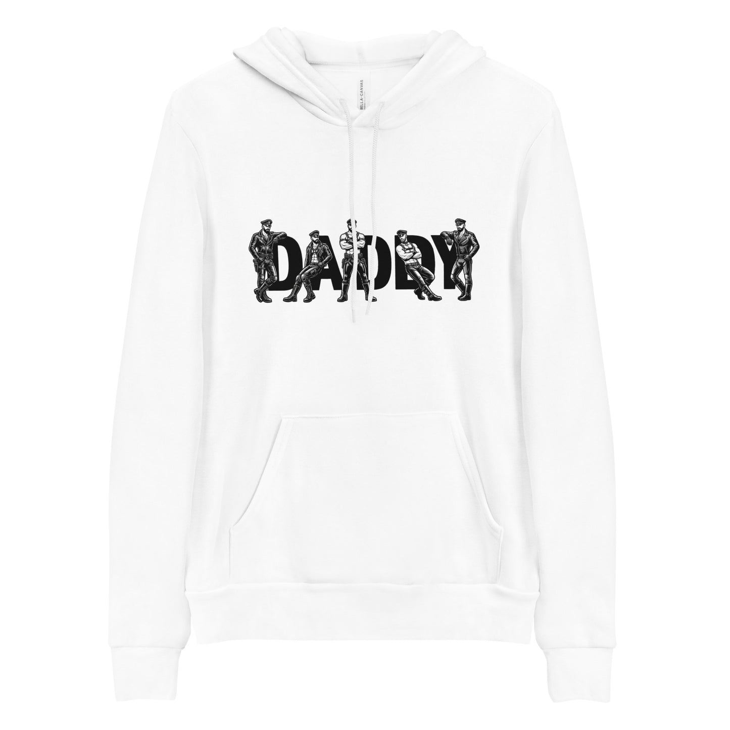 White hoodie with 'DADDY' graphic design on a white background