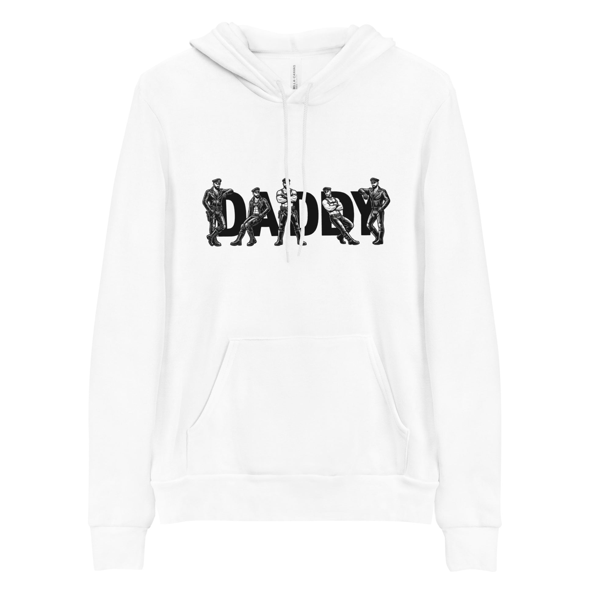 White hoodie with 'DADDY' graphic design on a white background