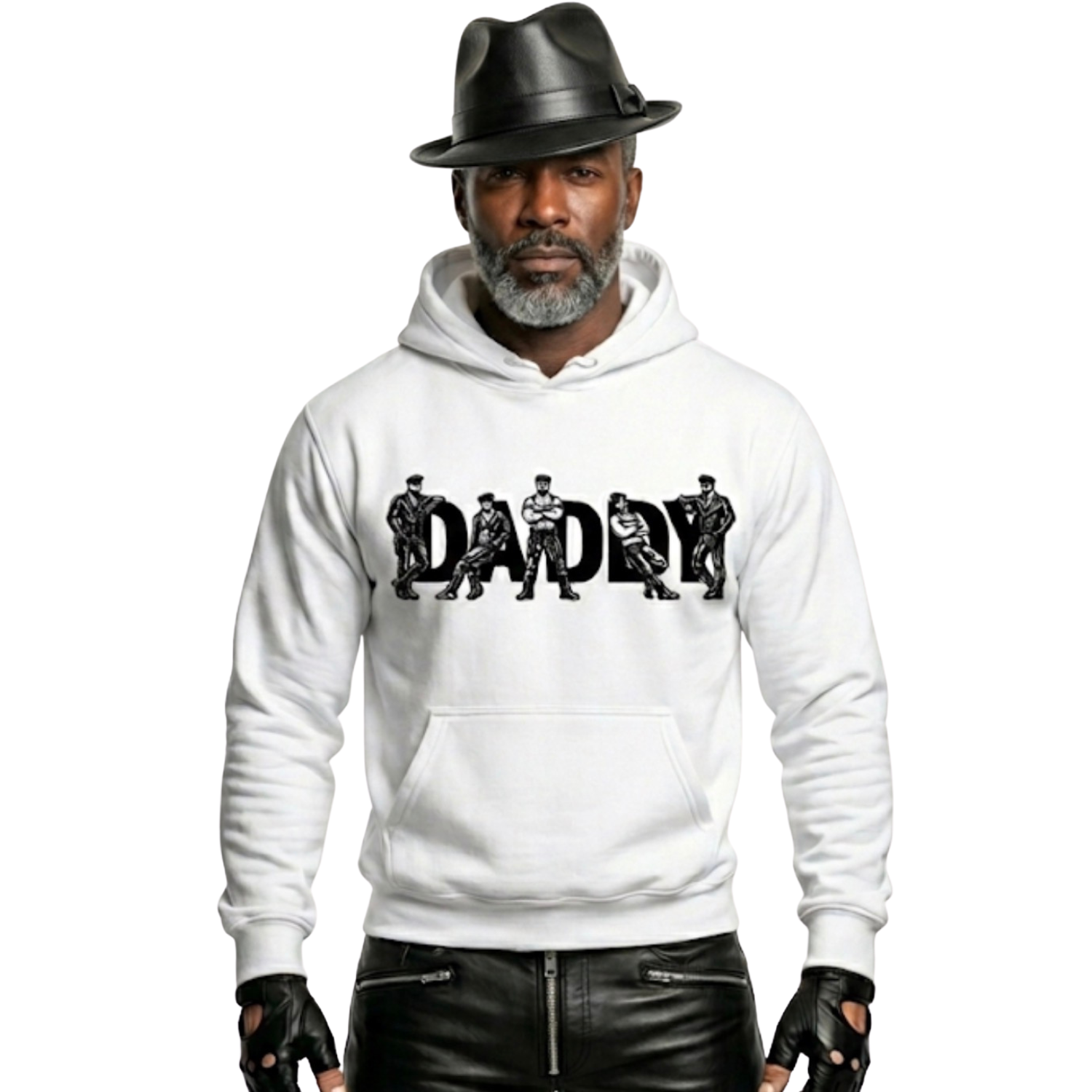 Man wearing a white hoodie with 'DADDY' and silhouette graphics, black hat, leather pants, and gloves on a white background.