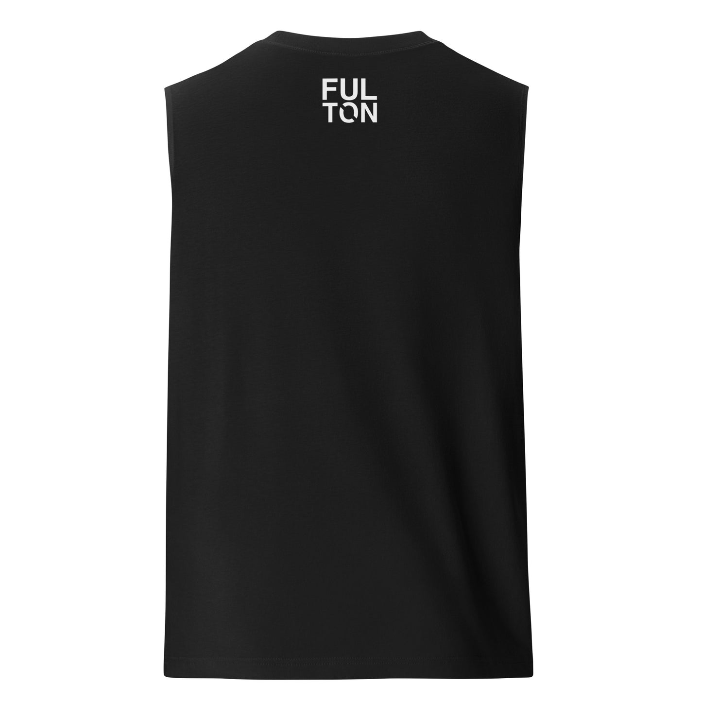 Black sleeveless shirt with 'FULTON' printed on the back against a white background