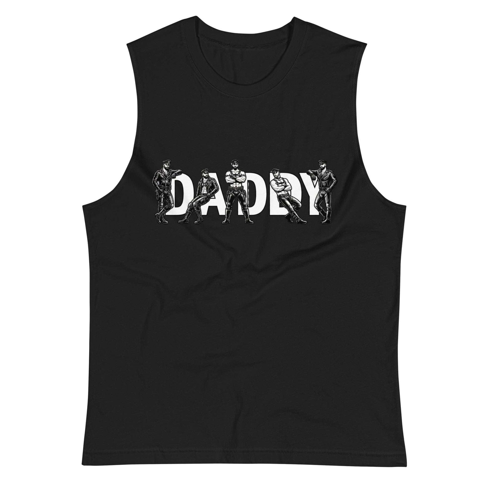 Black sleeveless shirt with 'DADDY' graphic design on a white background