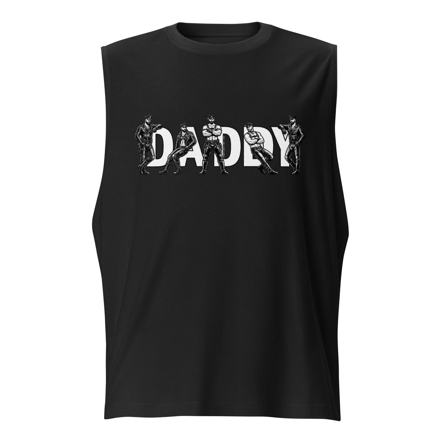 Black sleeveless shirt with 'DADDY' graphic design on a white background