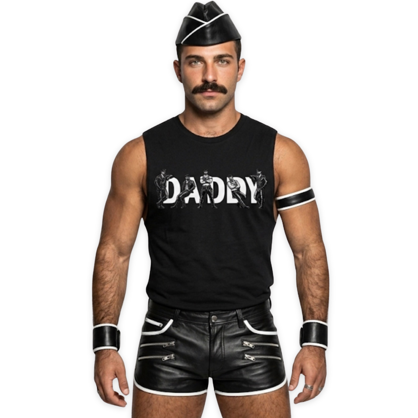 Man wearing a black sleeveless shirt with 'DADDY' text, black leather shorts, and a black cap on a white background.