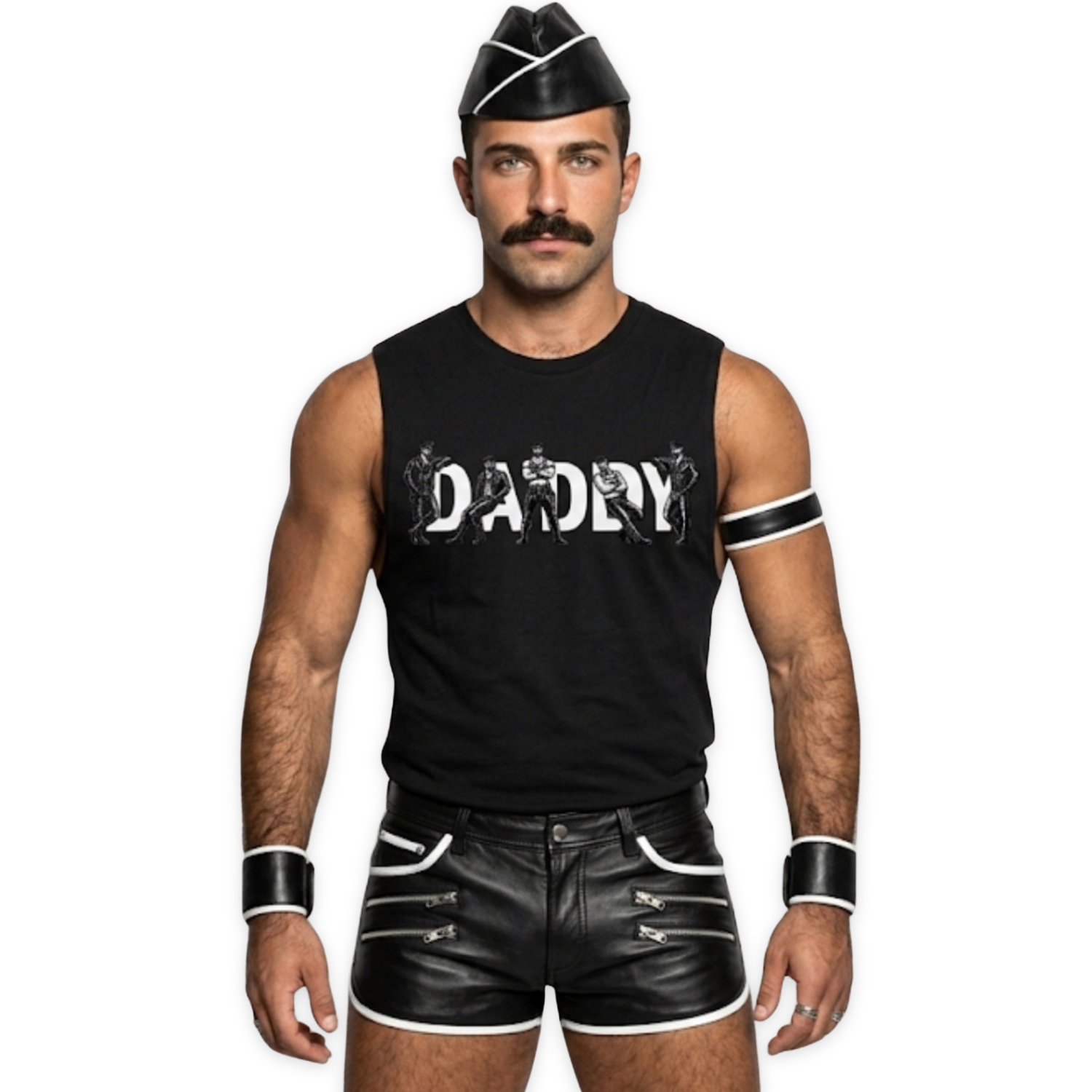 Man wearing a black sleeveless shirt with 'DADDY' text, black leather shorts, and a black cap on a white background.