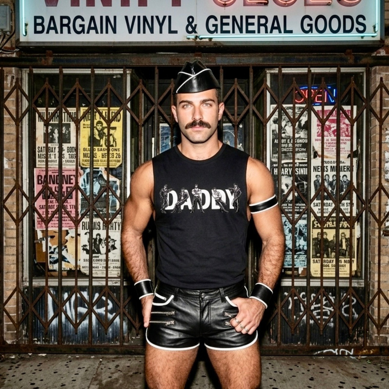 Man wearing a black tank top with 'DADDY' text and leather shorts standing in front of a store named 'Bargain Vinyl & General Goods'.