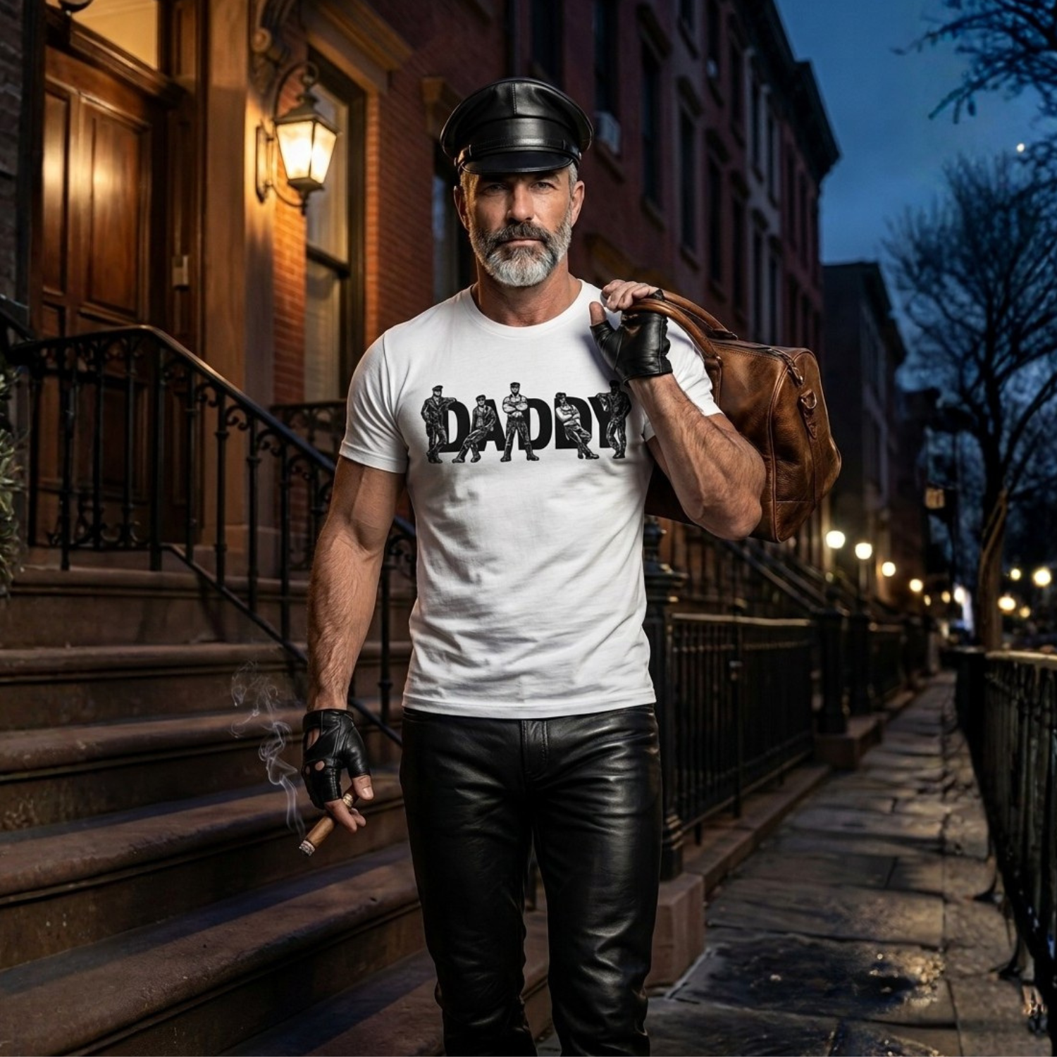 Man in white t-shirt with graphic design, black leather pants, and cap standing on a city street at night.