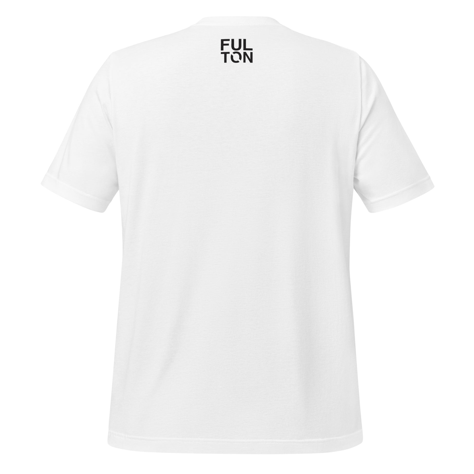 White t-shirt with text on the back on a white background