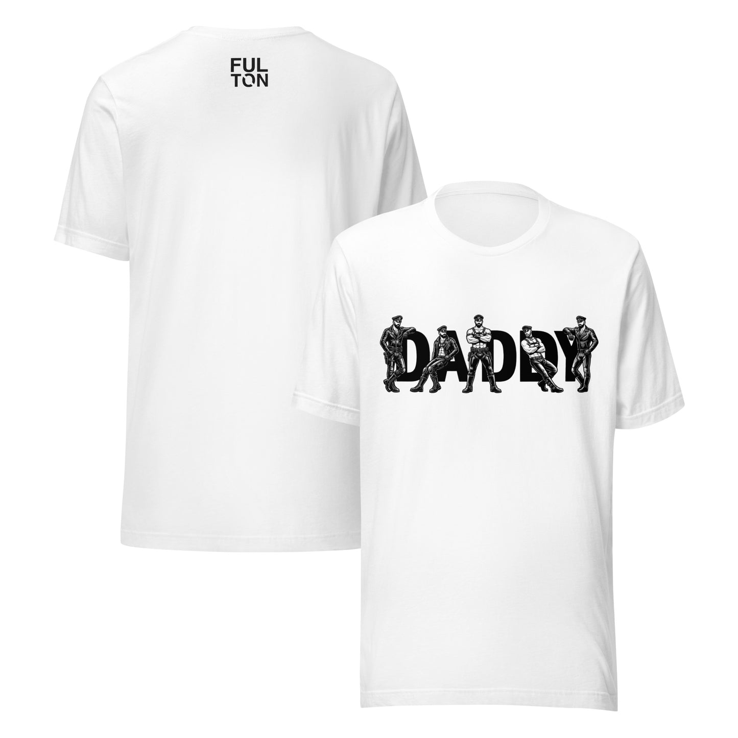 White t-shirt with black graphic design and 'Fulton' branding on a white background