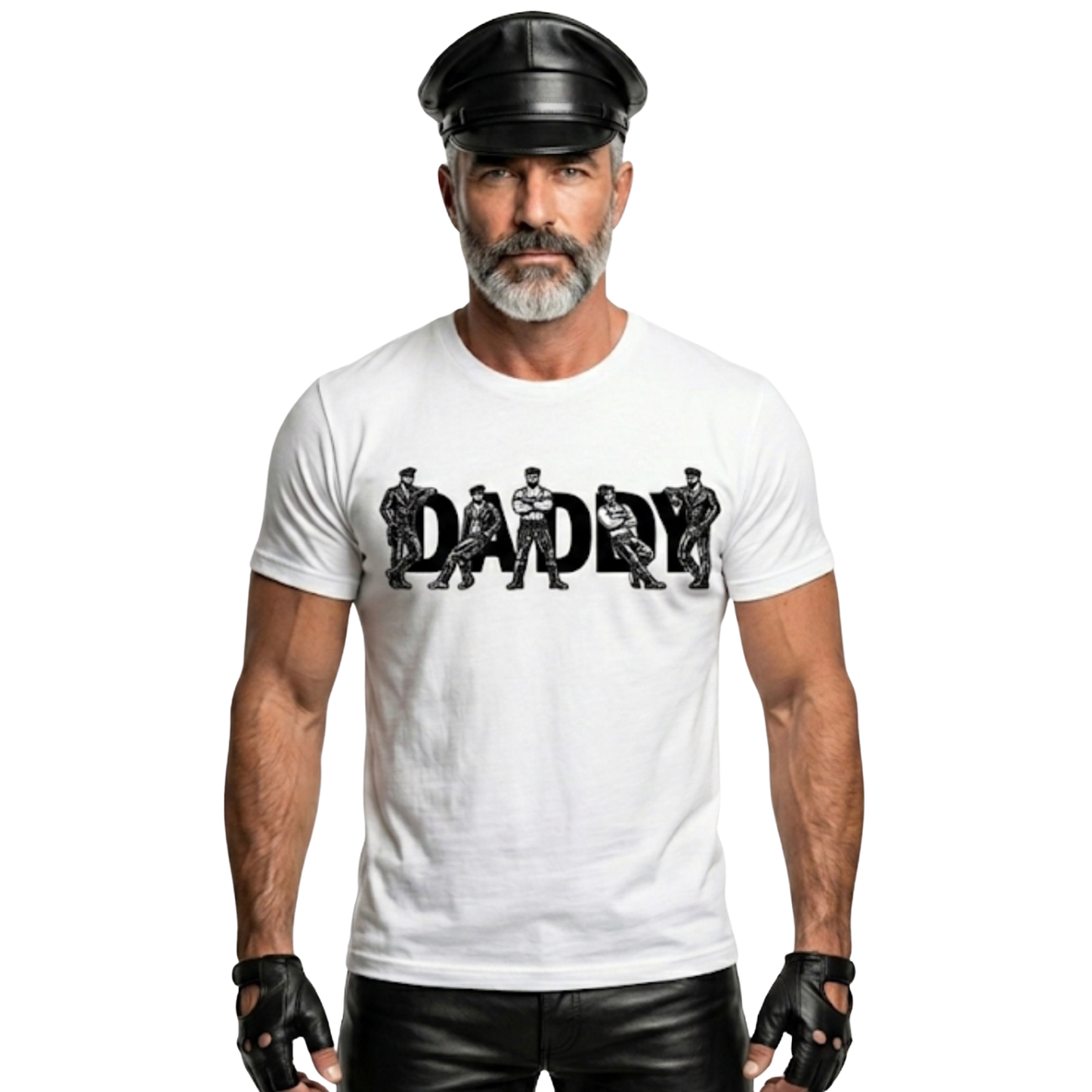 Man wearing a white t-shirt with 'DADDY' graphic design on a white background