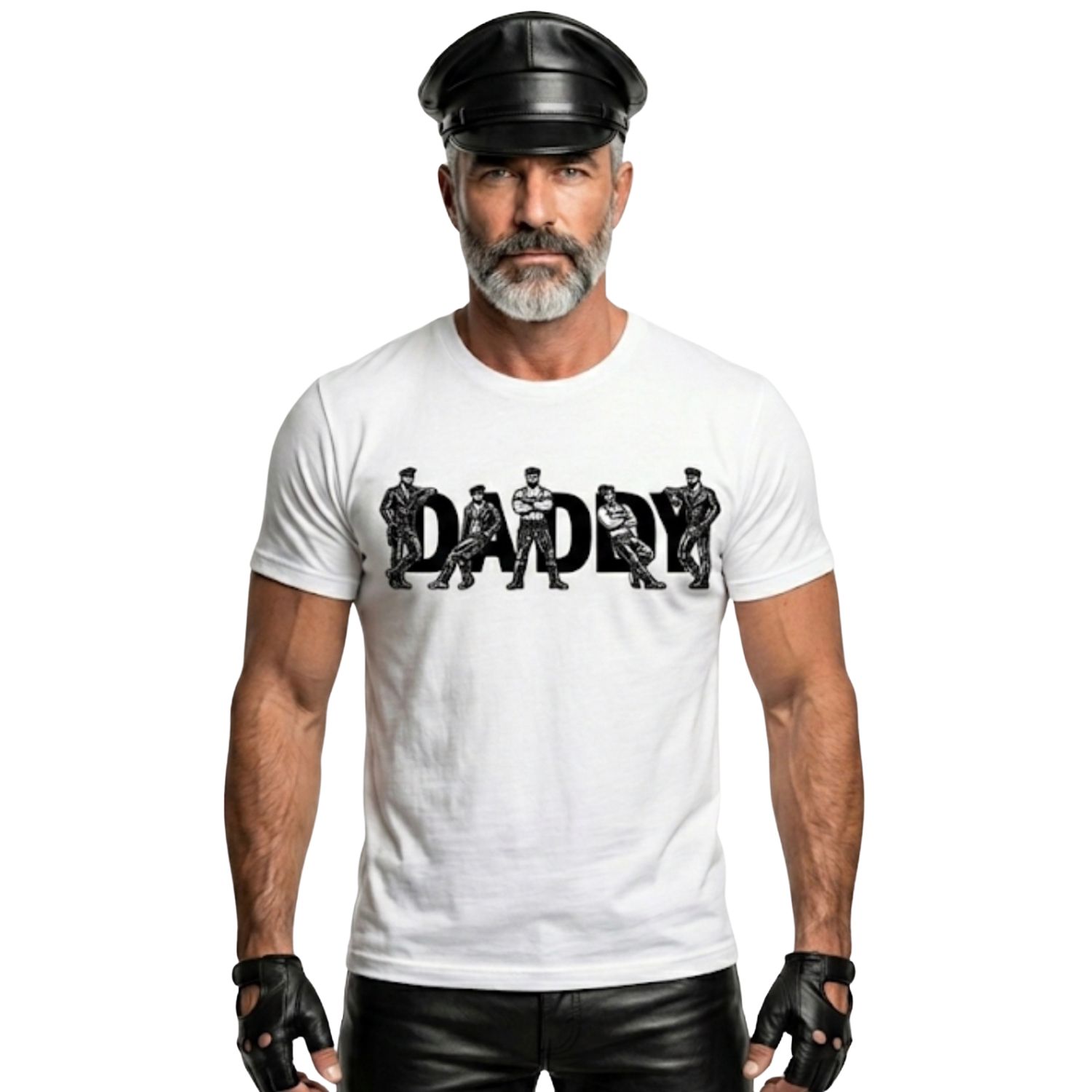 Man wearing a white t-shirt with 'DADDY' graphic design on a white background
