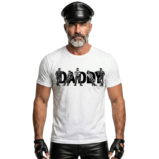 Man wearing a white t-shirt with 'DADDY' graphic design on a white background