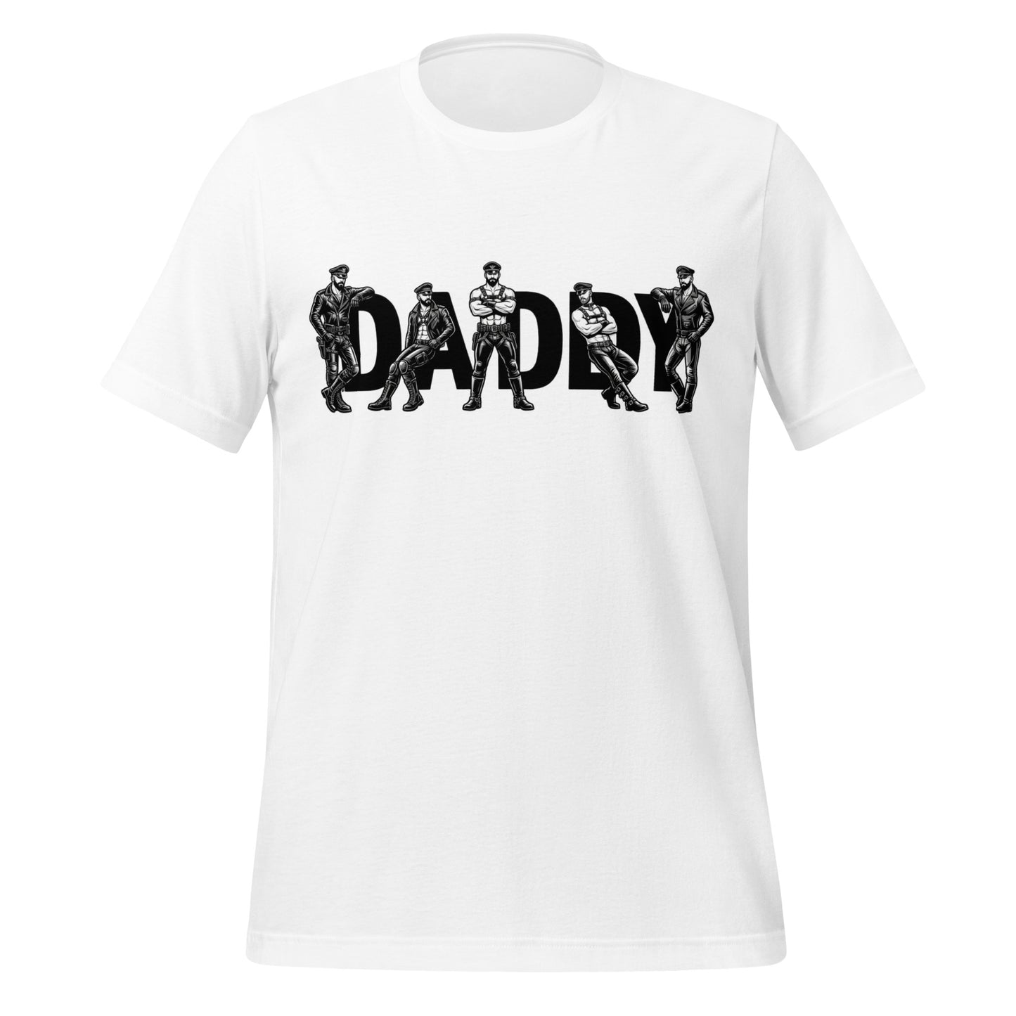 White t-shirt with 'DADDY' graphic design on a white background