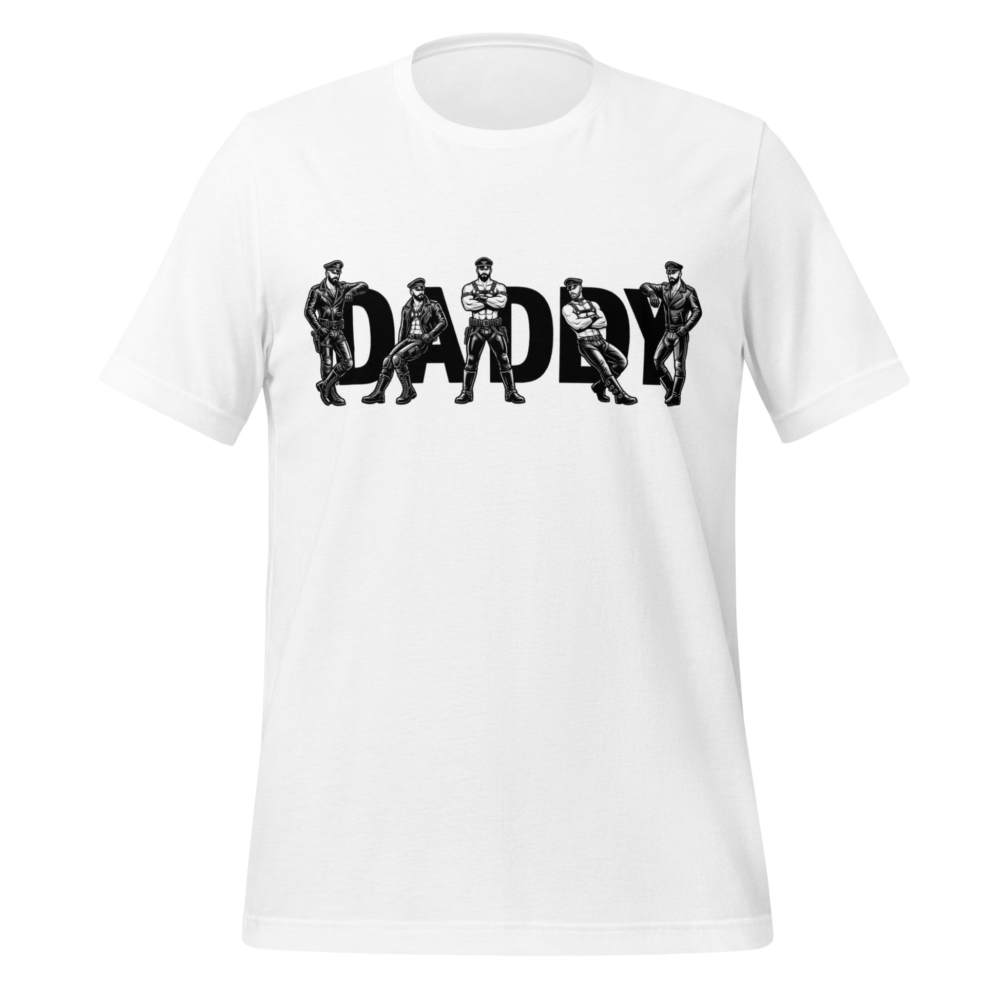 White t-shirt with 'DADDY' graphic design on a white background