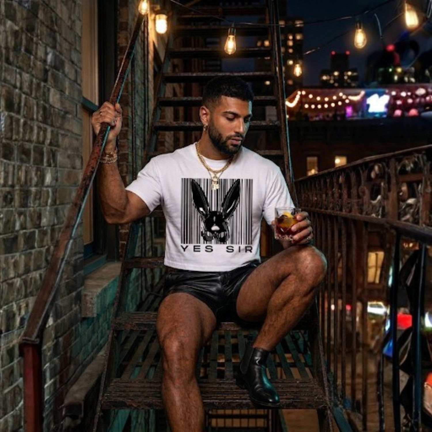 Man sitting on a staircase at night, holding a drink, wearing a white t-shirt with a graphic design.