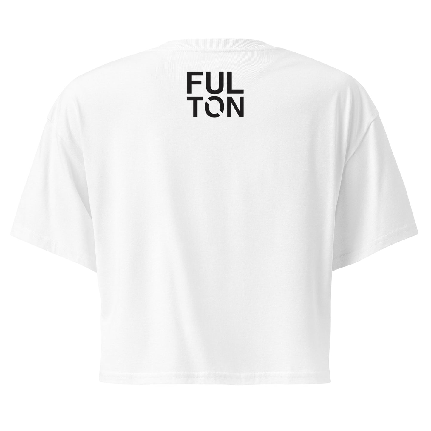 White t-shirt with 'FULTON' text on a white background