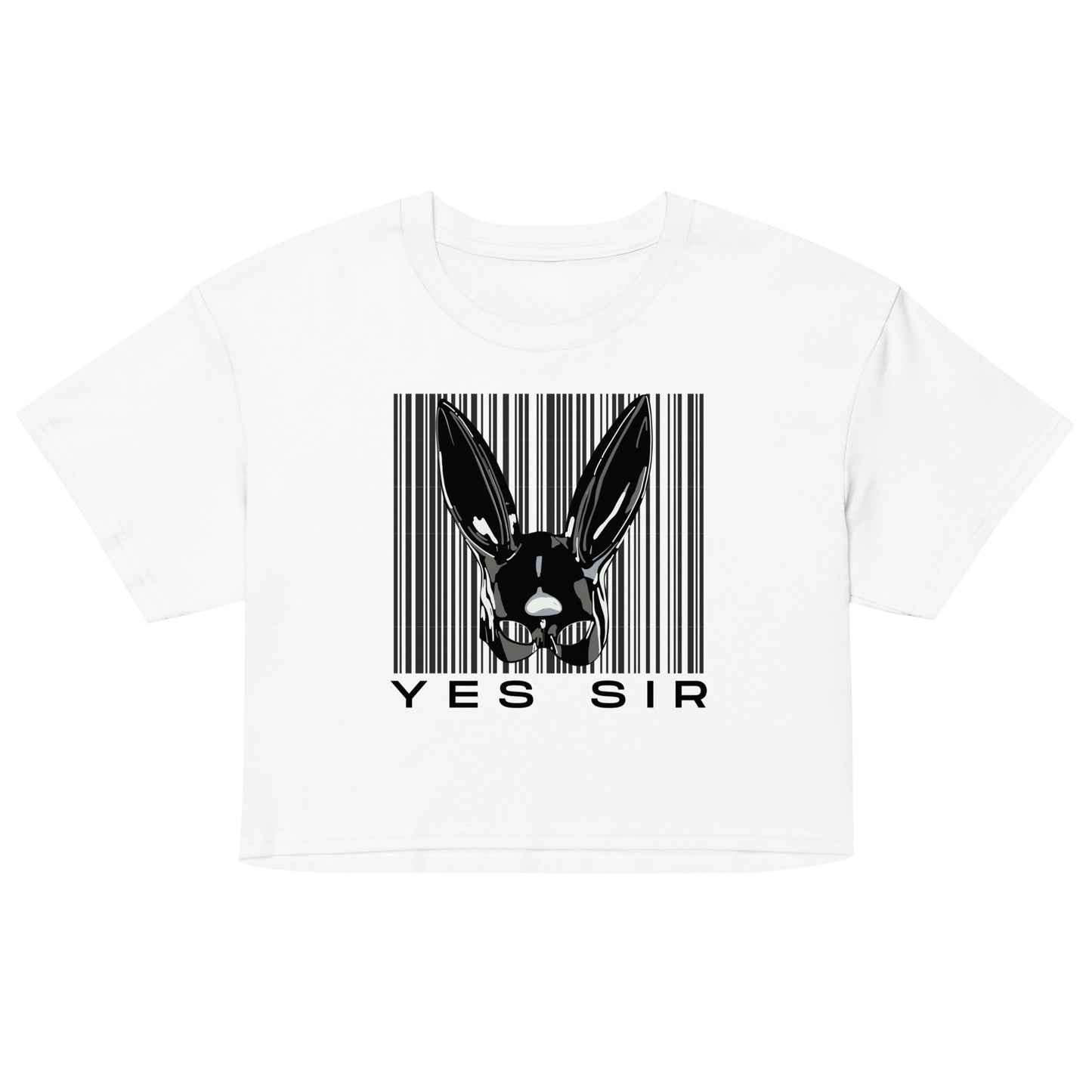 White t-shirt with a barcode design featuring a rabbit head and 'YES SIR' text on a white background.