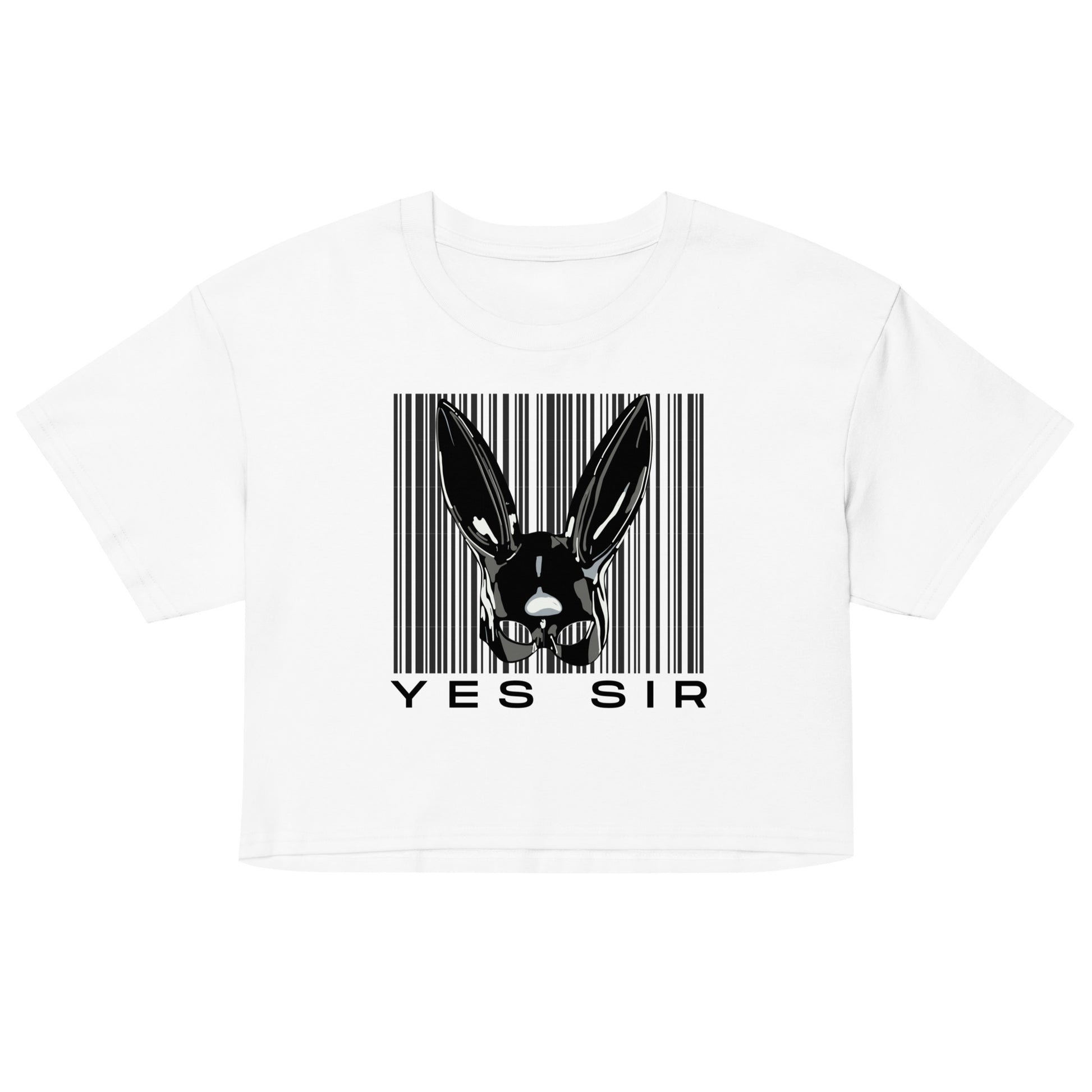 White t-shirt with a barcode design featuring a rabbit head and 'YES SIR' text on a white background.