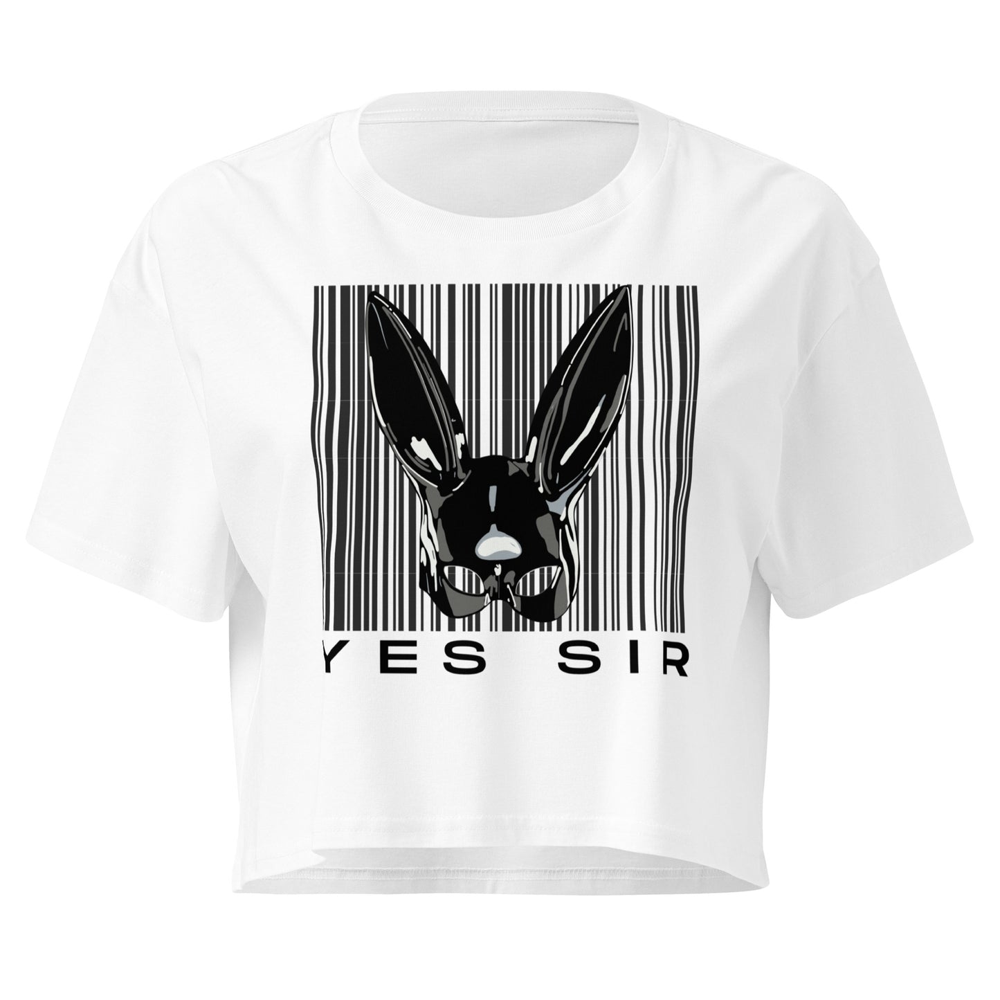White t-shirt with a black and white graphic of a rabbit head and barcode, with 'YES SIR' text, on a white background.