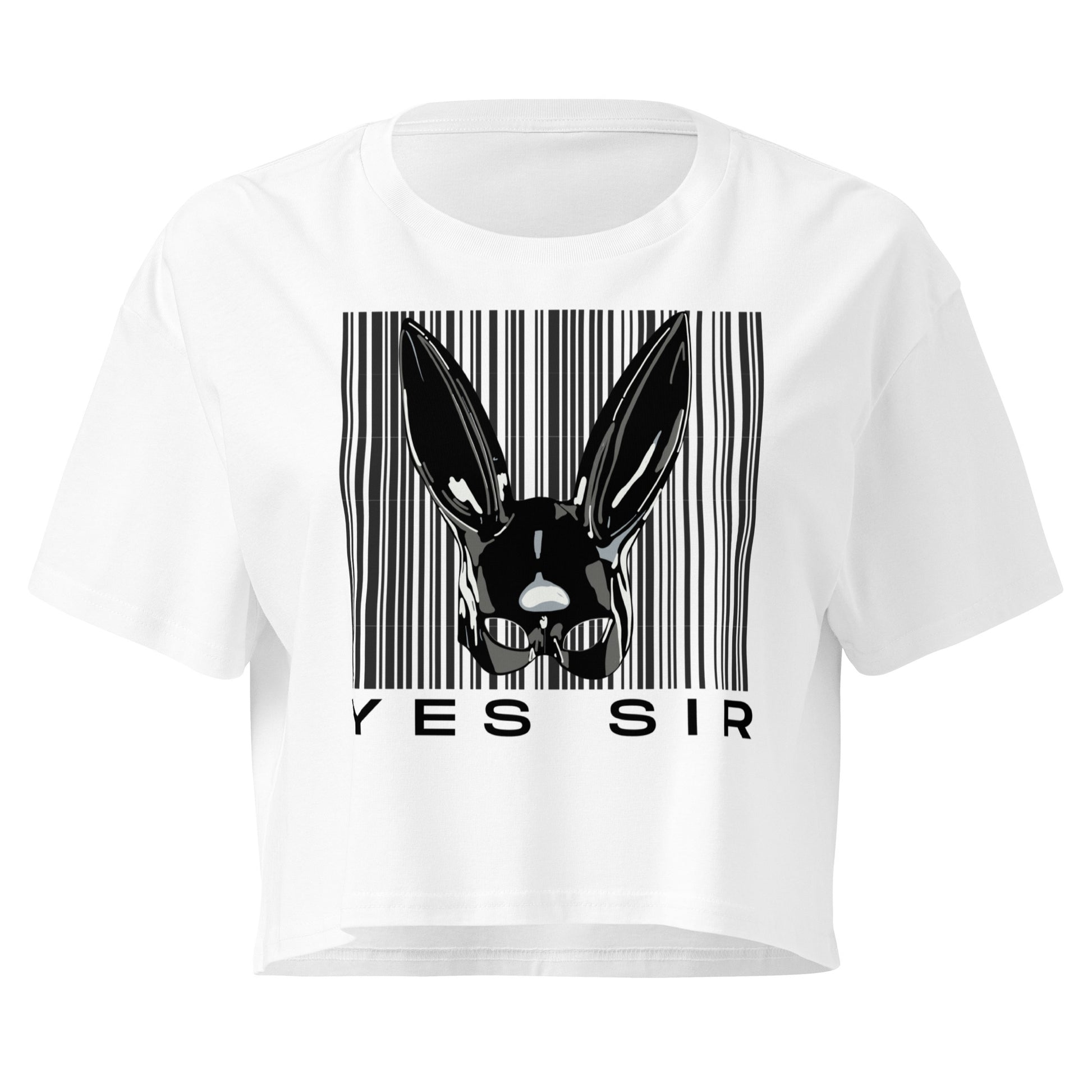 White t-shirt with a black and white graphic of a rabbit head and barcode, with 'YES SIR' text, on a white background.