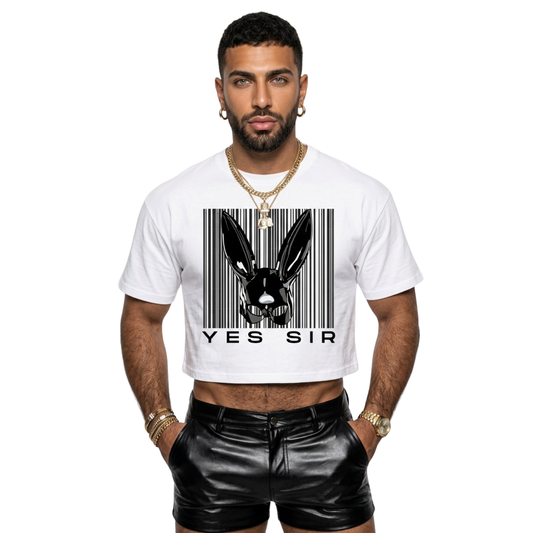 Man wearing a white t-shirt with a graphic design and text, standing against a white background