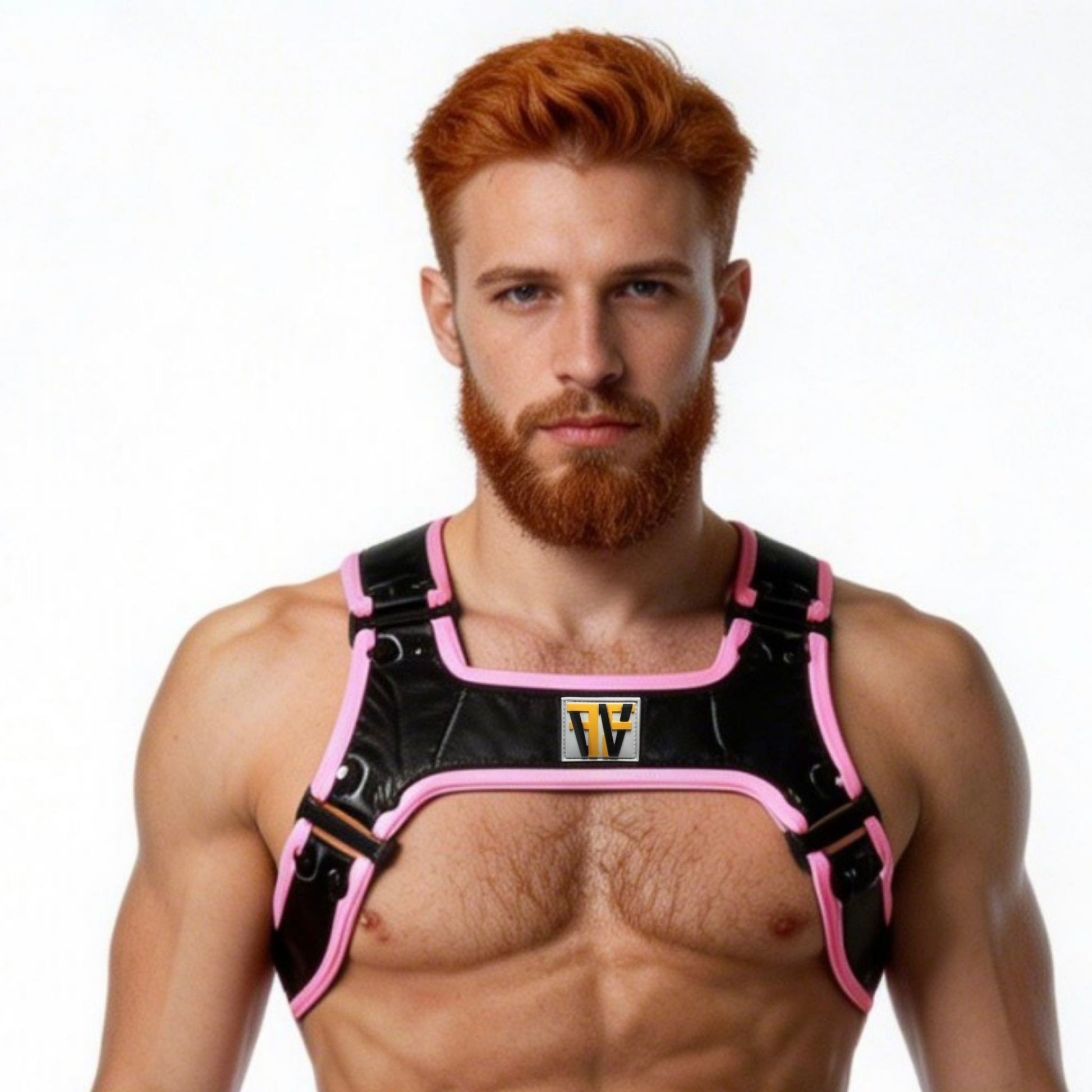 Man wearing a black and pink harness against a white background