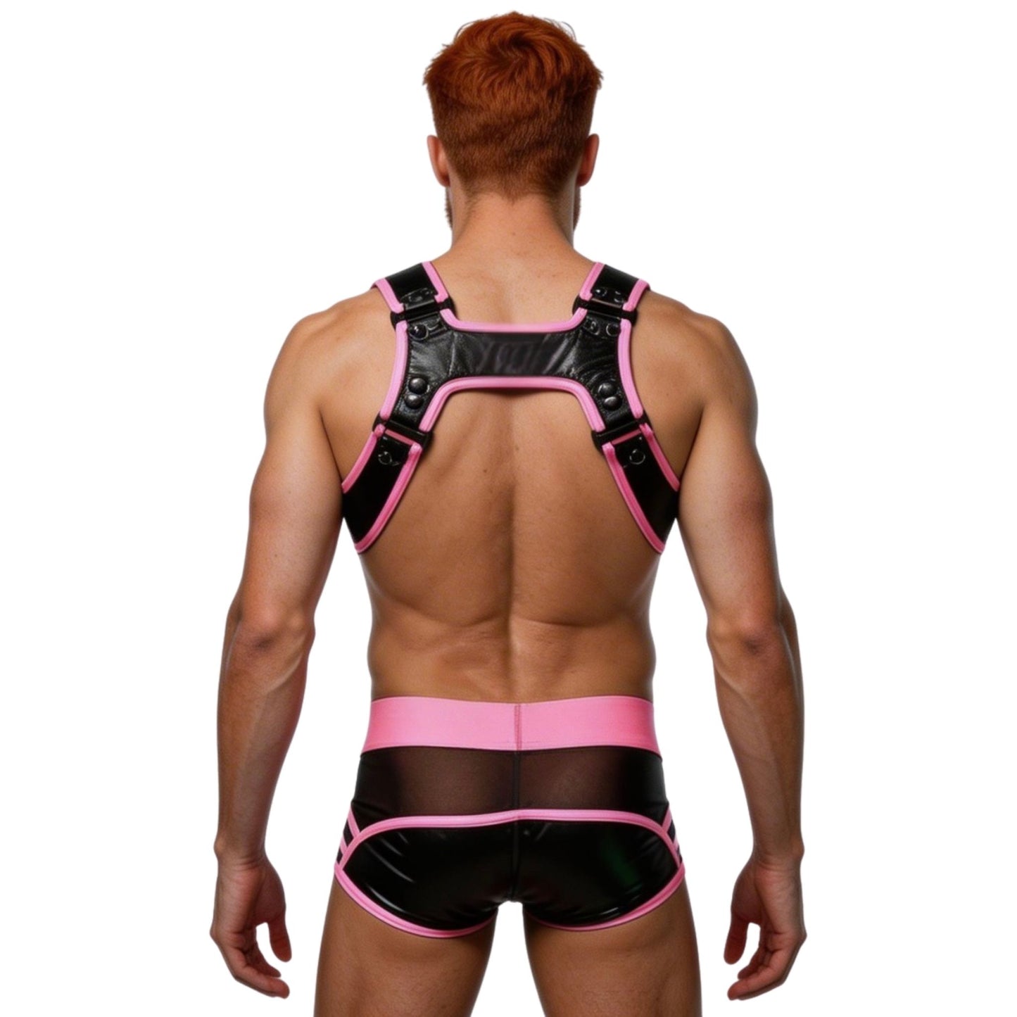 Man wearing a black and pink harness and underwear set on a white background