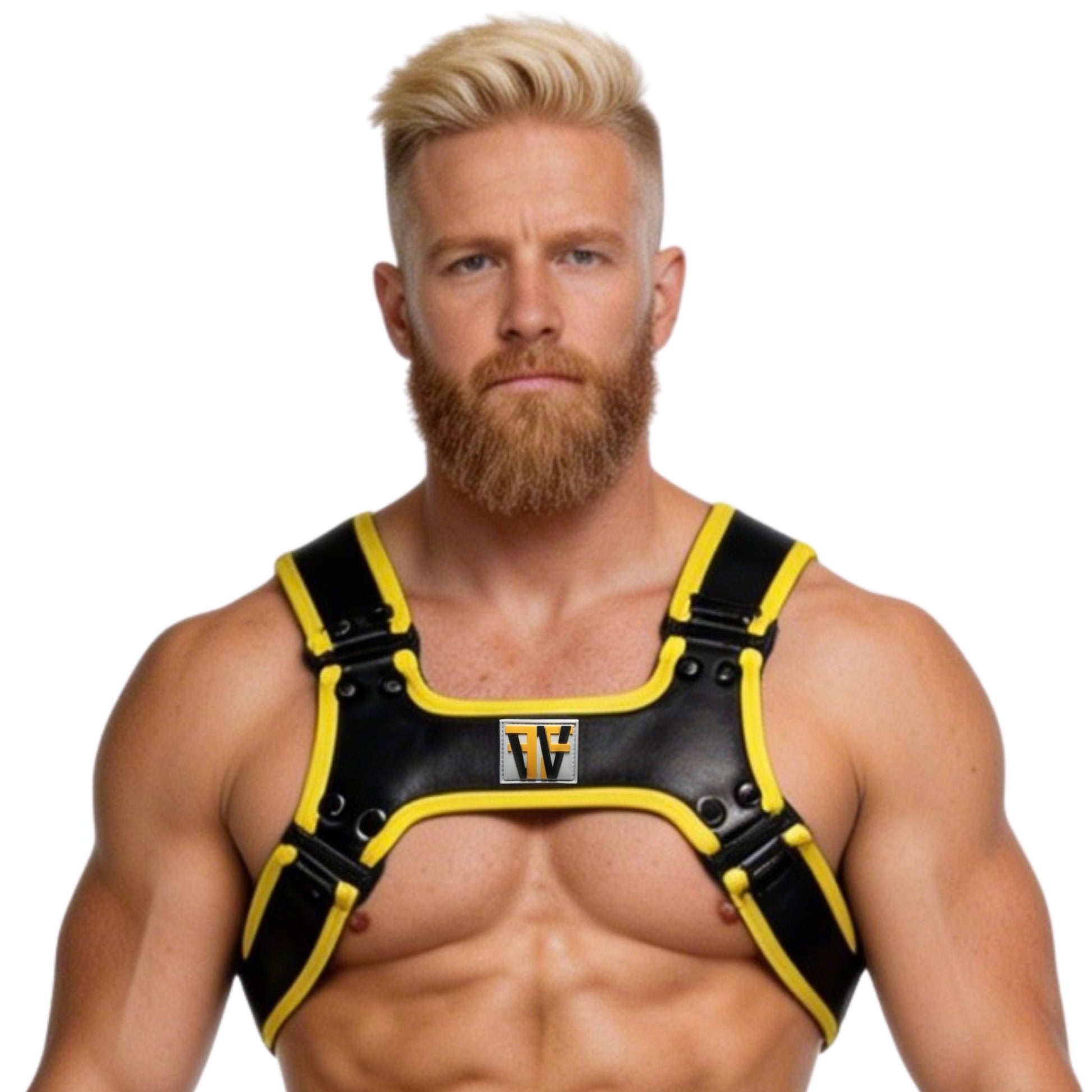 Man wearing a black and yellow harness with a visible fulton brand logo on a white background