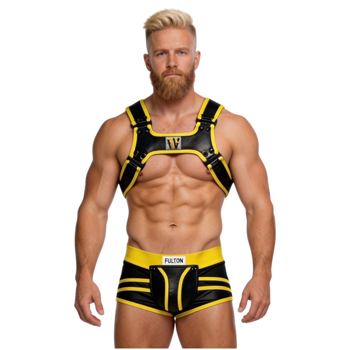 Man wearing a black and yellow harness with 'Fulton' branding and black and yellow trunk underwear on a white background