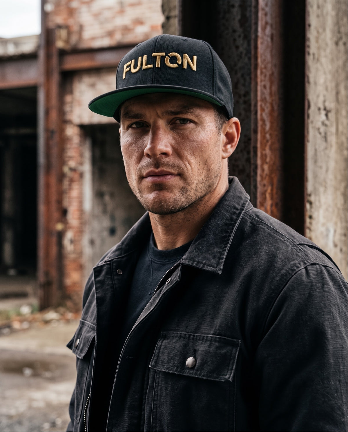 Man wearing a black snapback with gold FULTON lettering and a black jacket outside a brick industrial building.