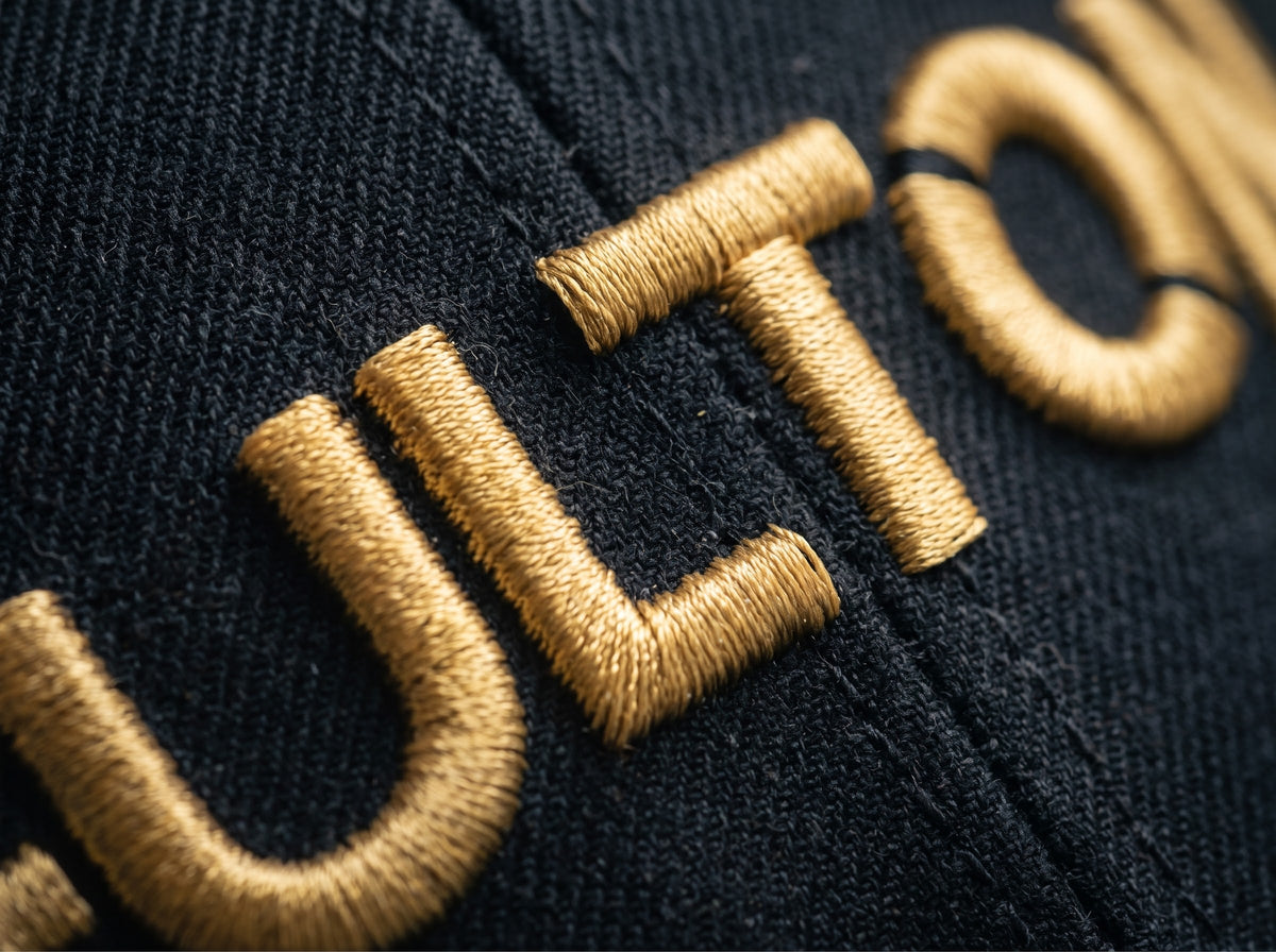 Macro close-up of raised gold FULTON lettering stitched onto black snapback fabric.
