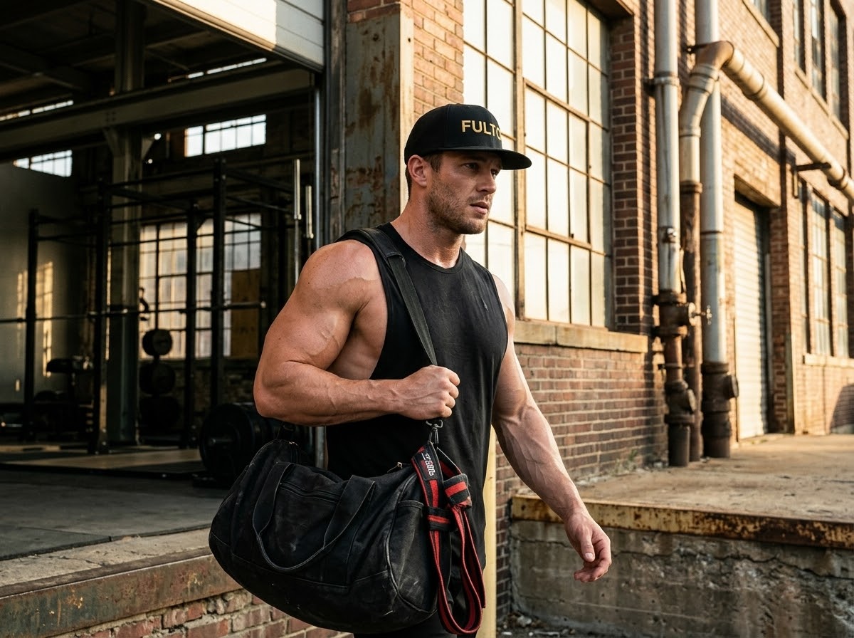 Man wearing a black snapback with gold FULTON lettering and a black sleeveless shirt, carrying a gym bag outside a brick building.