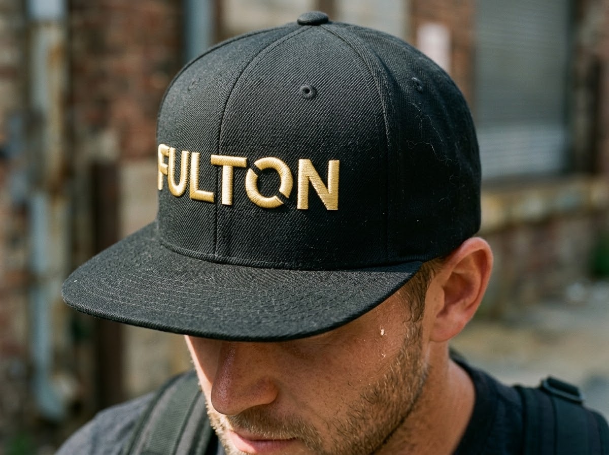 Angled close-up of a man wearing a black flat-brim snapback with raised gold FULTON lettering.