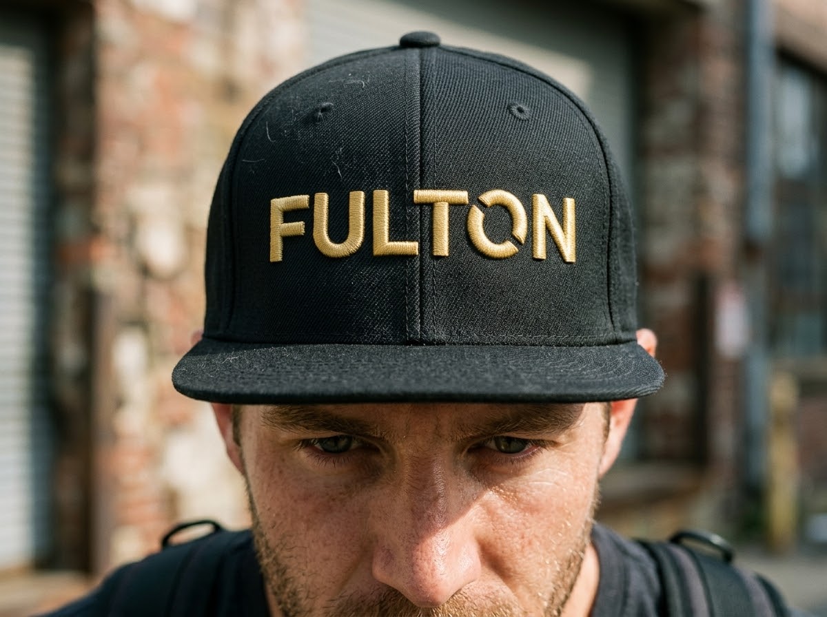 Front close-up of a man wearing a black snapback with gold FULTON embroidery outside a brick building.