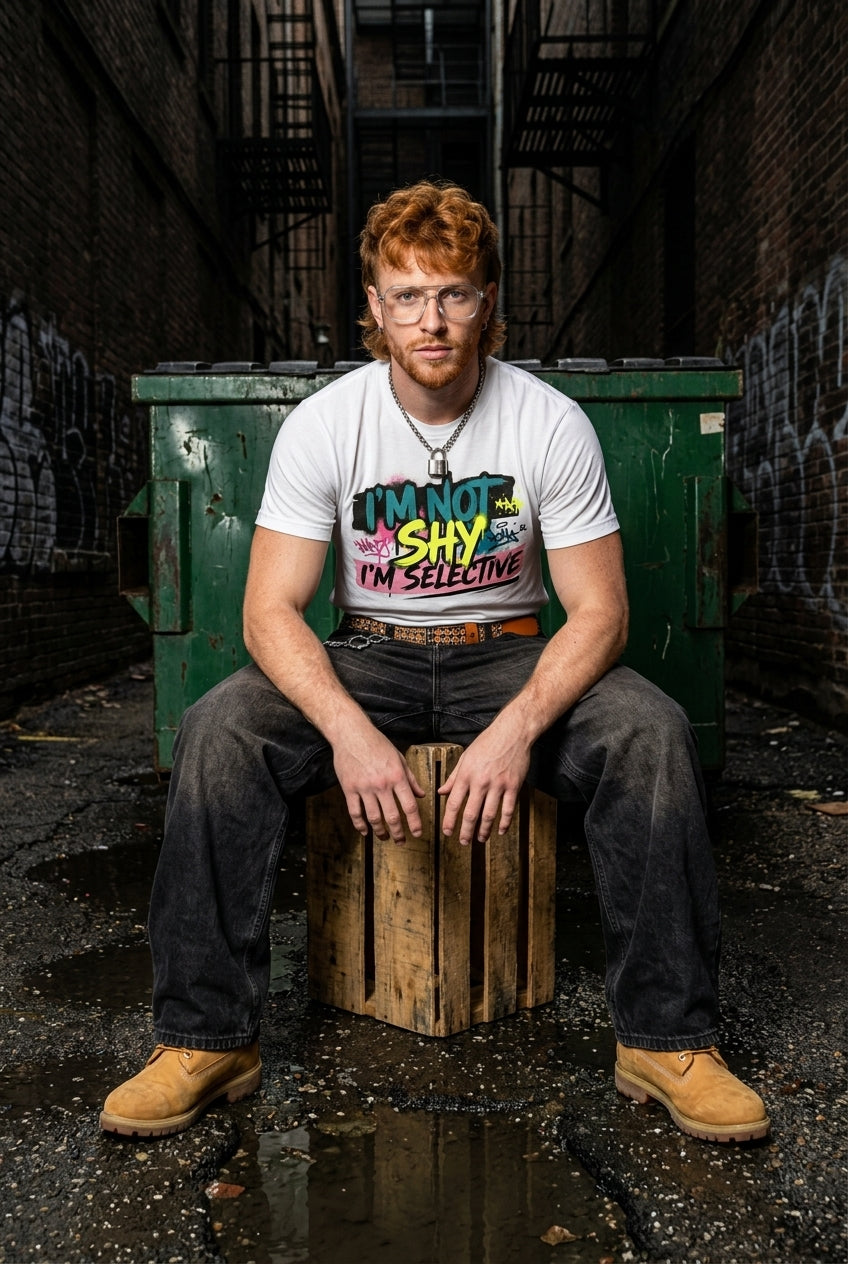Man sitting on a wooden barrel wearing a graphic t-shirt in an urban setting.
