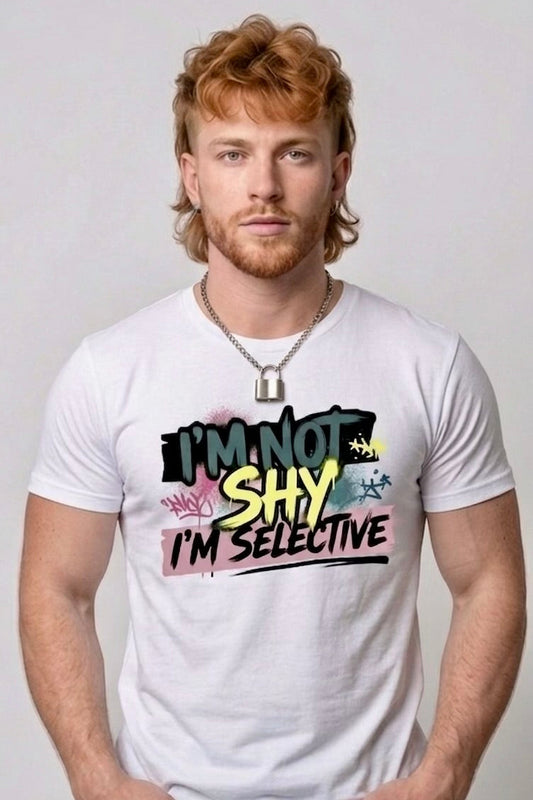 Man wearing a white t-shirt with colorful text design on a plain background