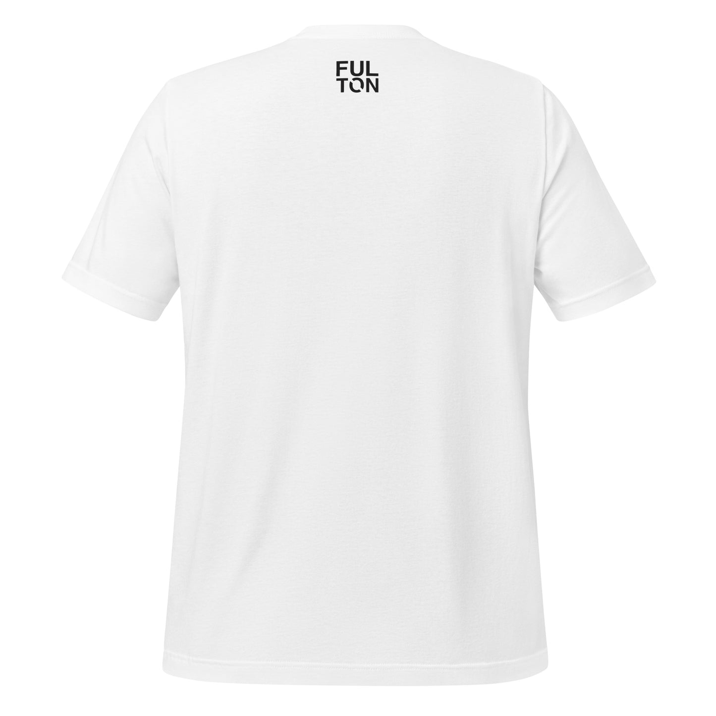 White t-shirt with text on the back  that says FULTON on a white background