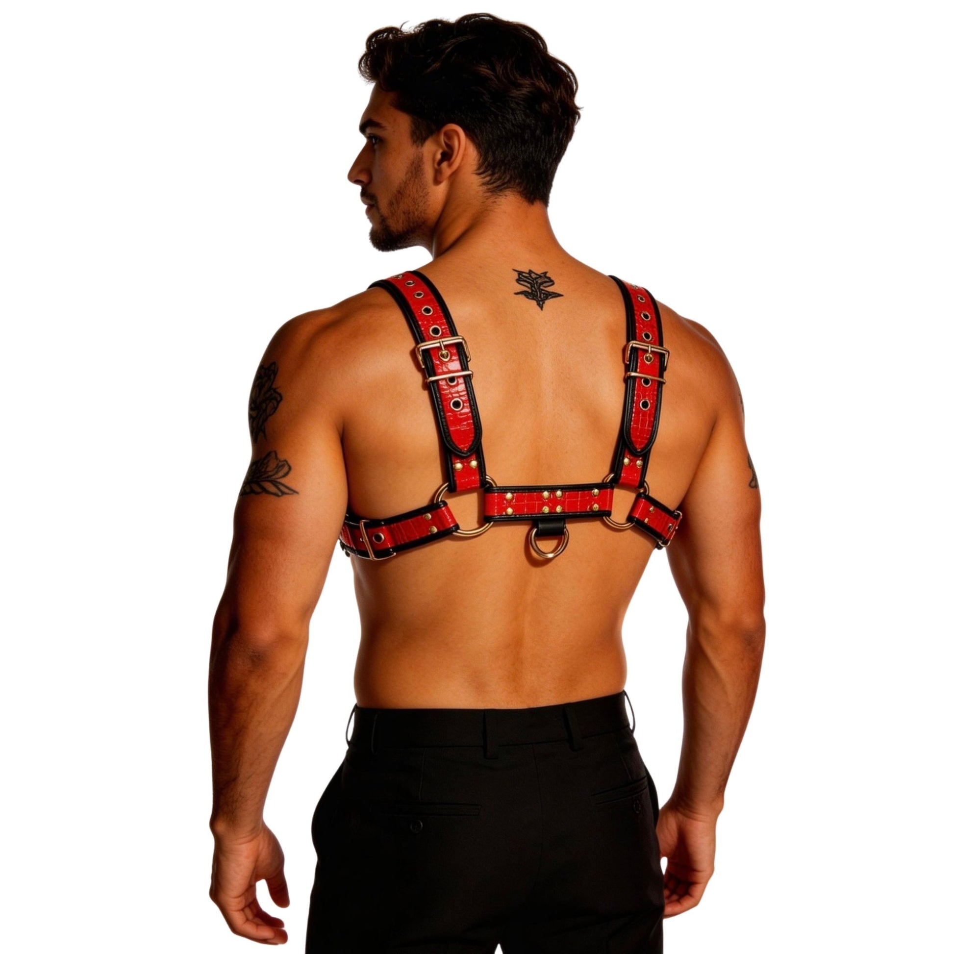 Man wearing a red  crocodile harness on a white background back view