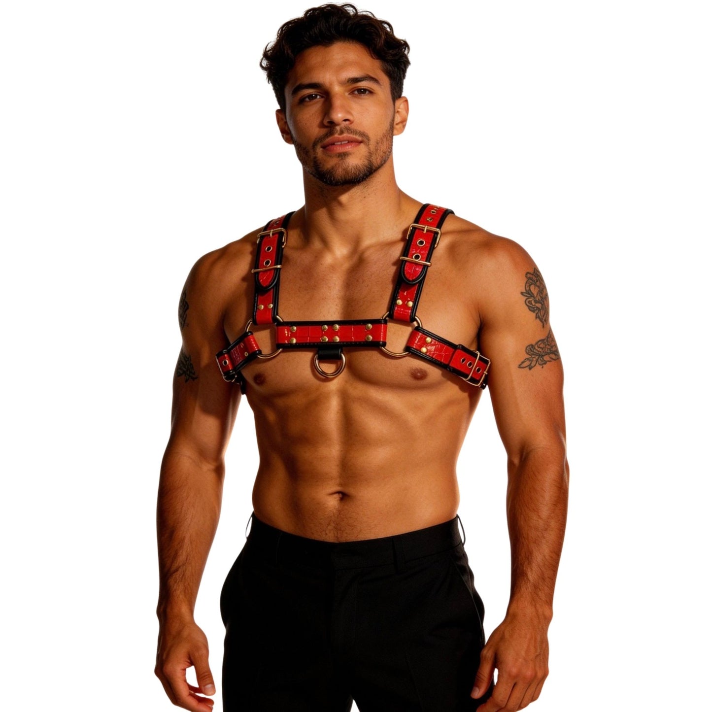 Man wearing a red crocodile harness on a white background