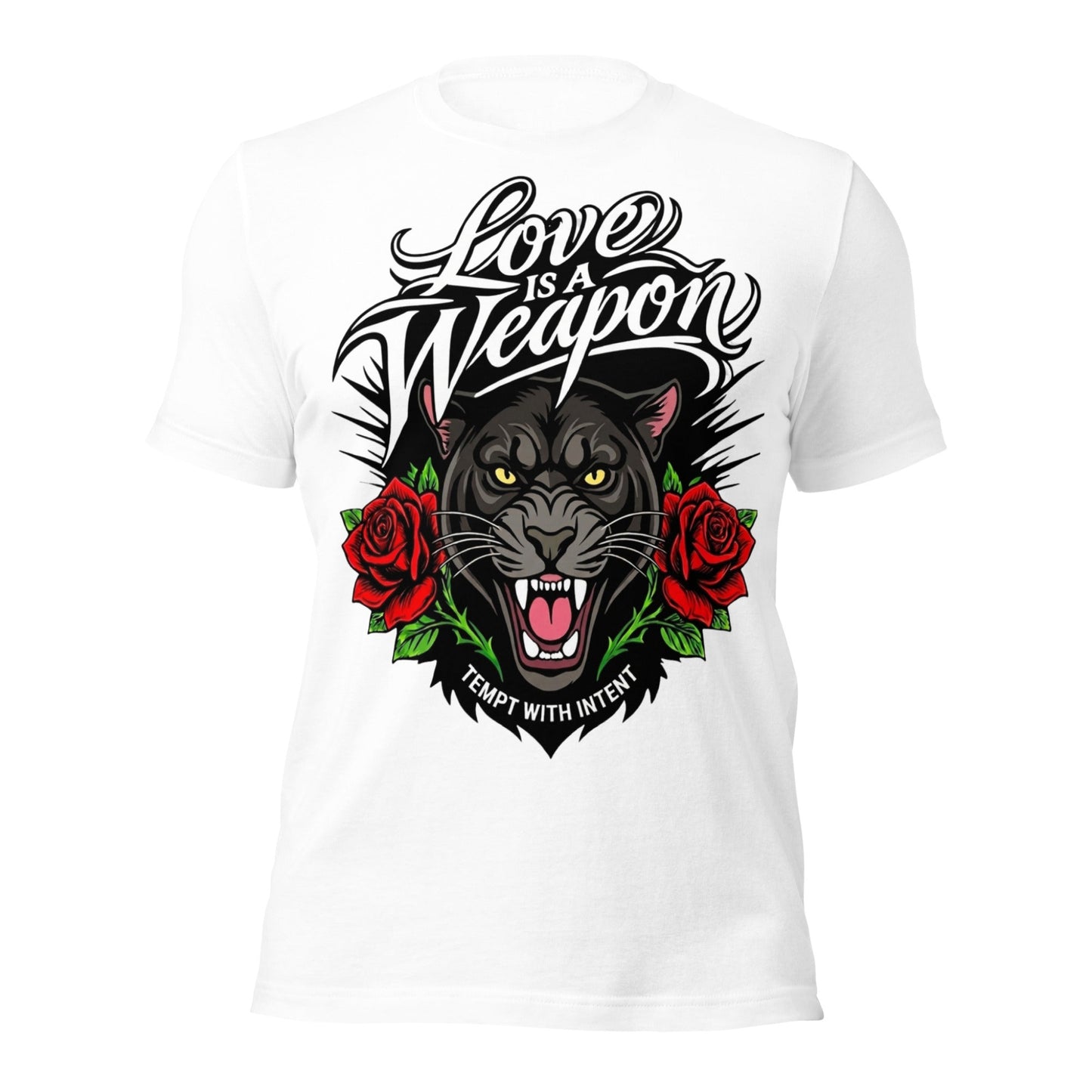 White t-shirt with a black panther graphic and text 'Love is a Weapon' on a white background